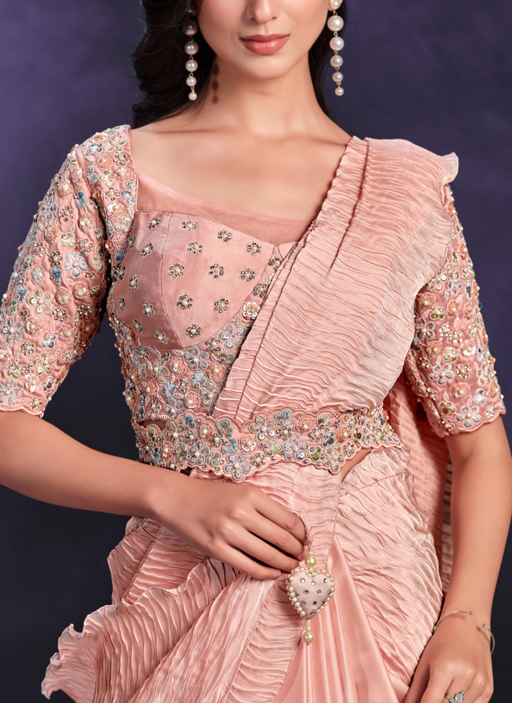 Peach Embellished Crape Satin Silk Saree