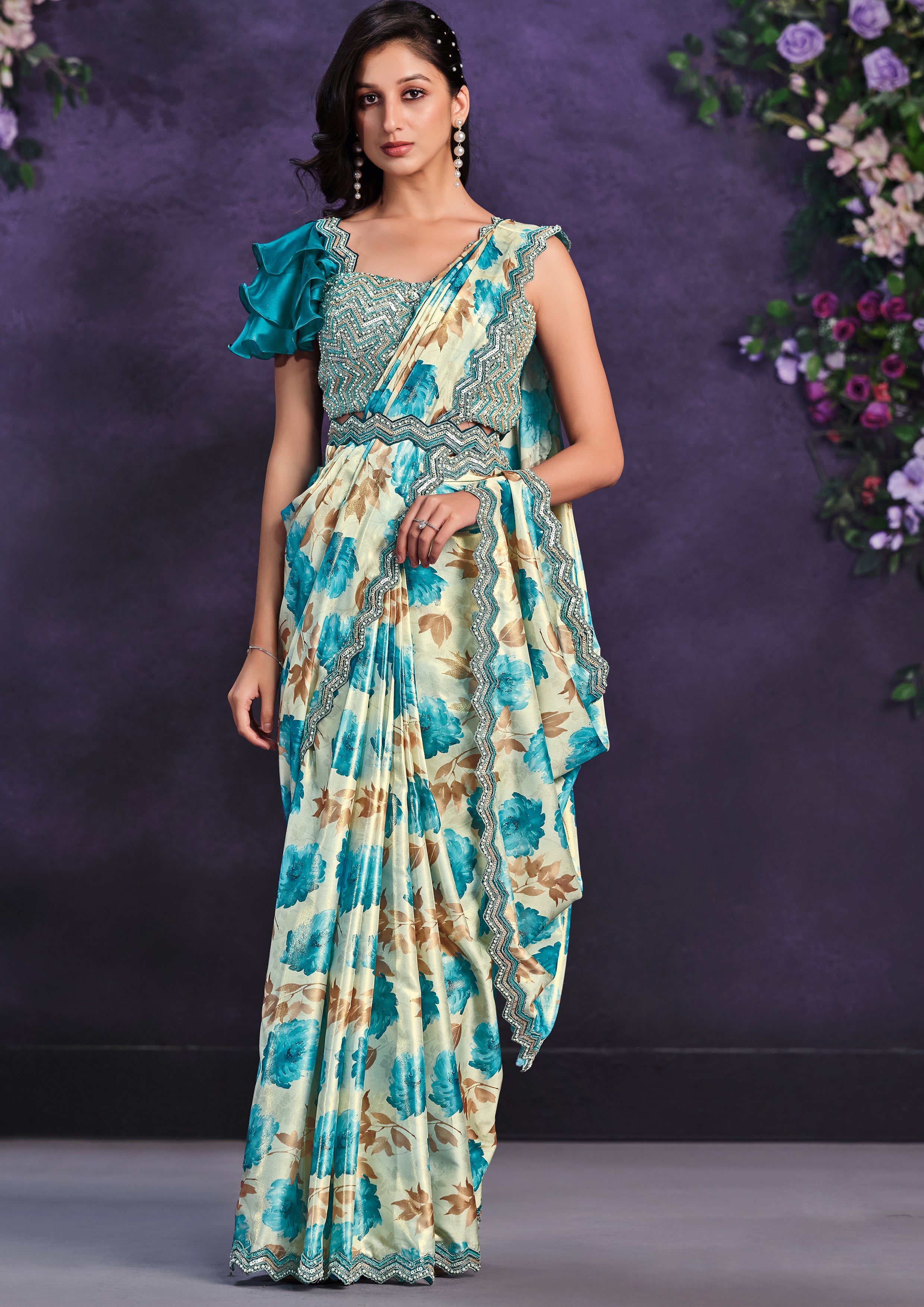 Aqua Floral Embellished Satin Silk Saree