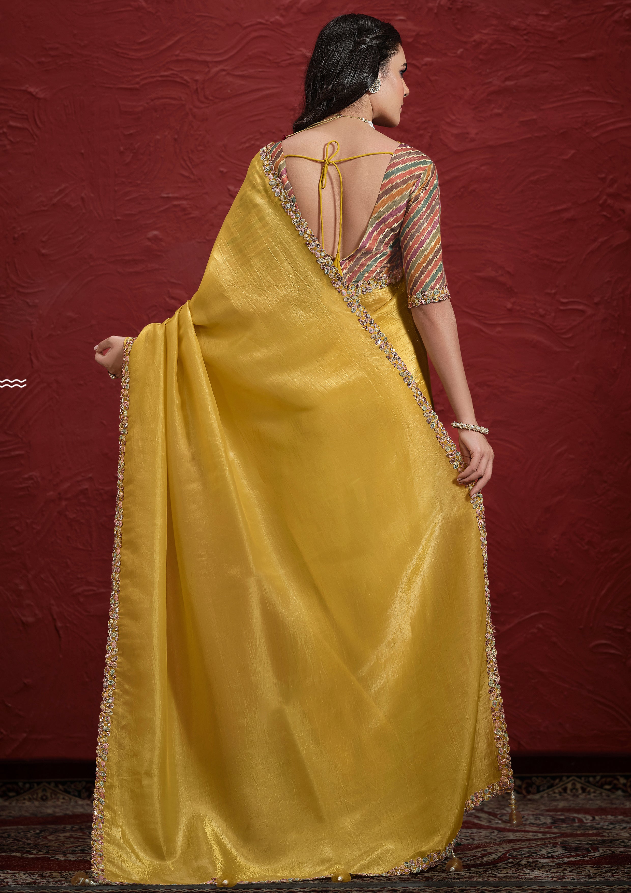 Mustard Yellow Embroidered Paper Silk Saree
