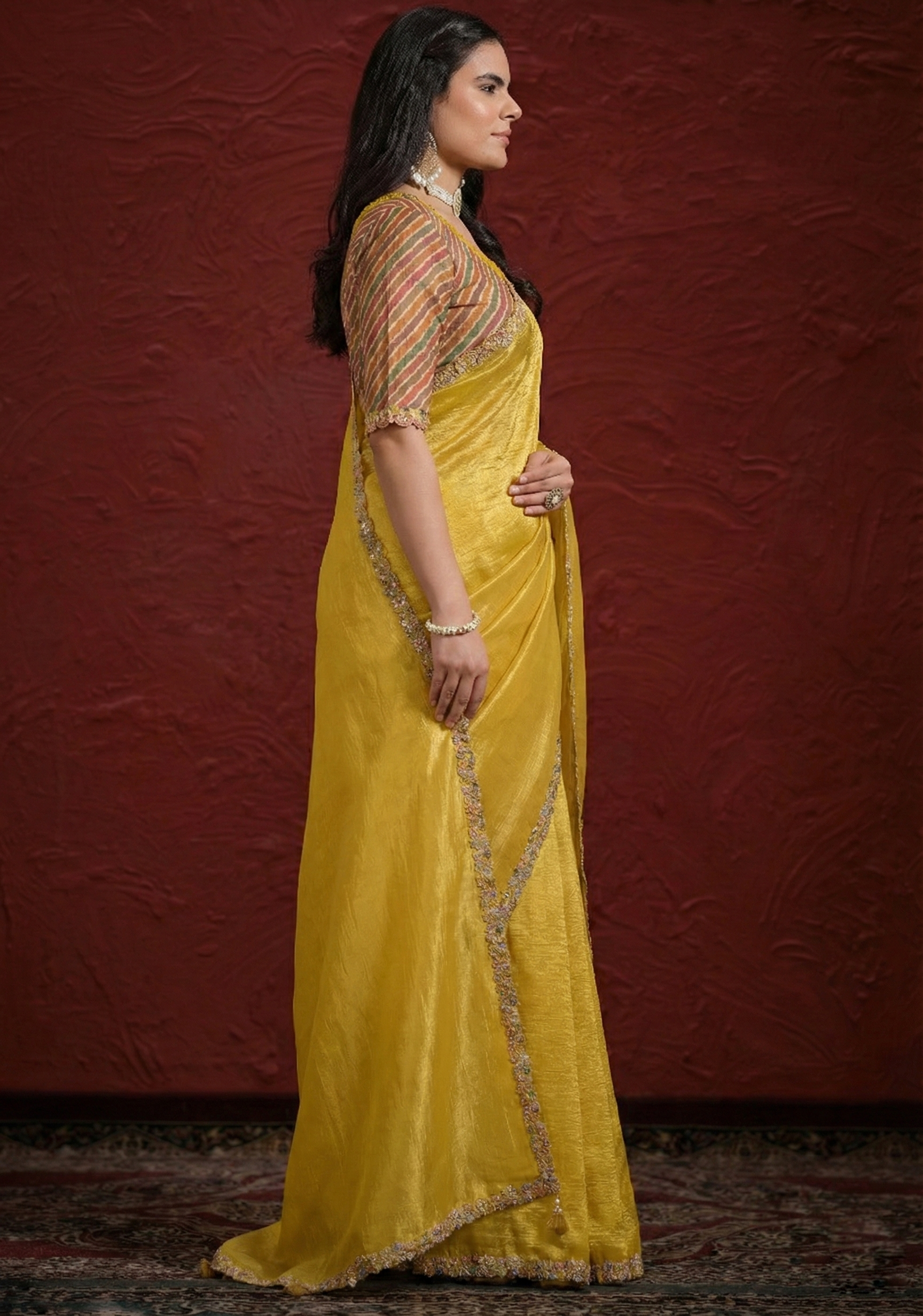 Mustard Yellow Embroidered Paper Silk Saree