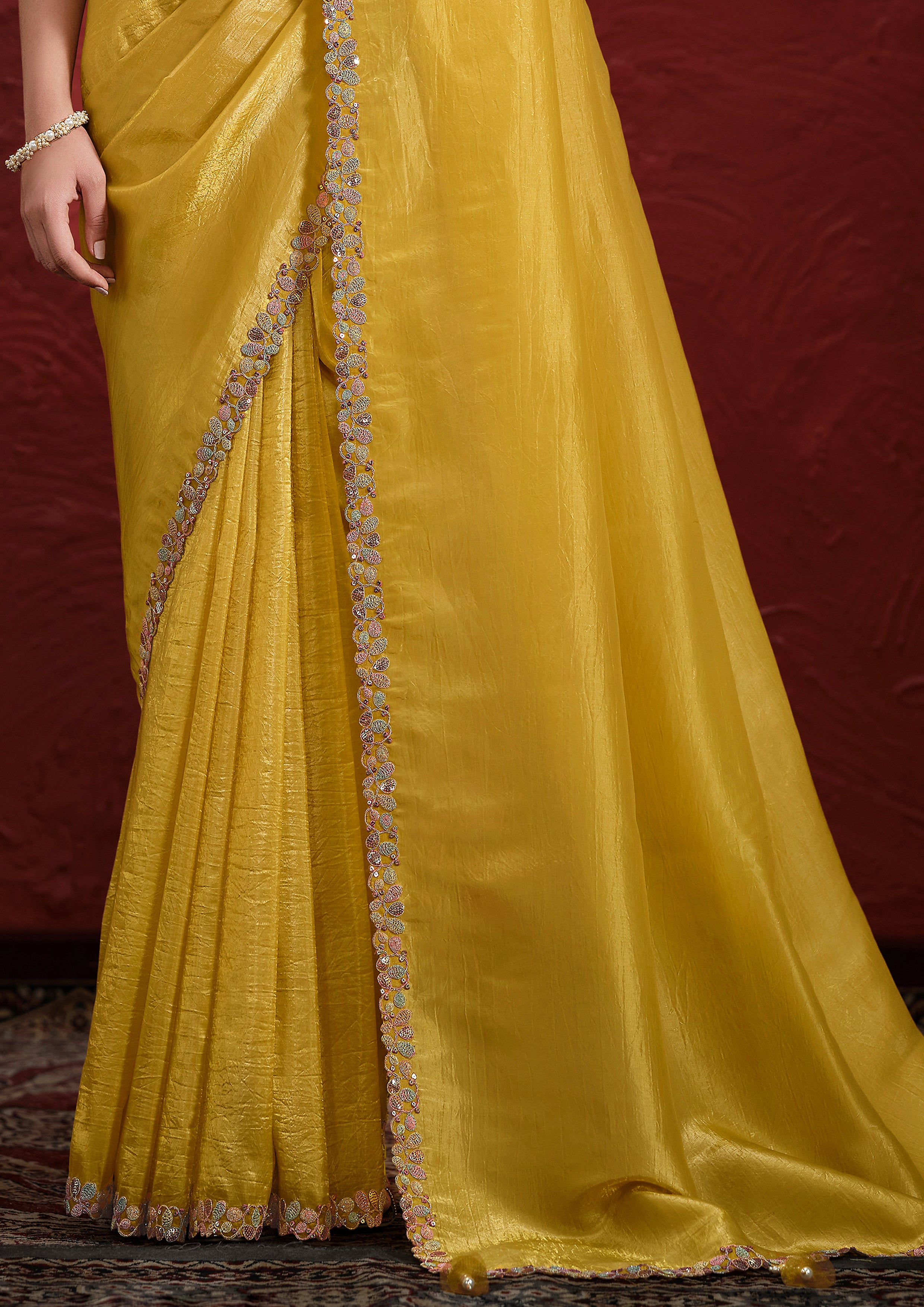 Mustard Yellow Embroidered Paper Silk Saree