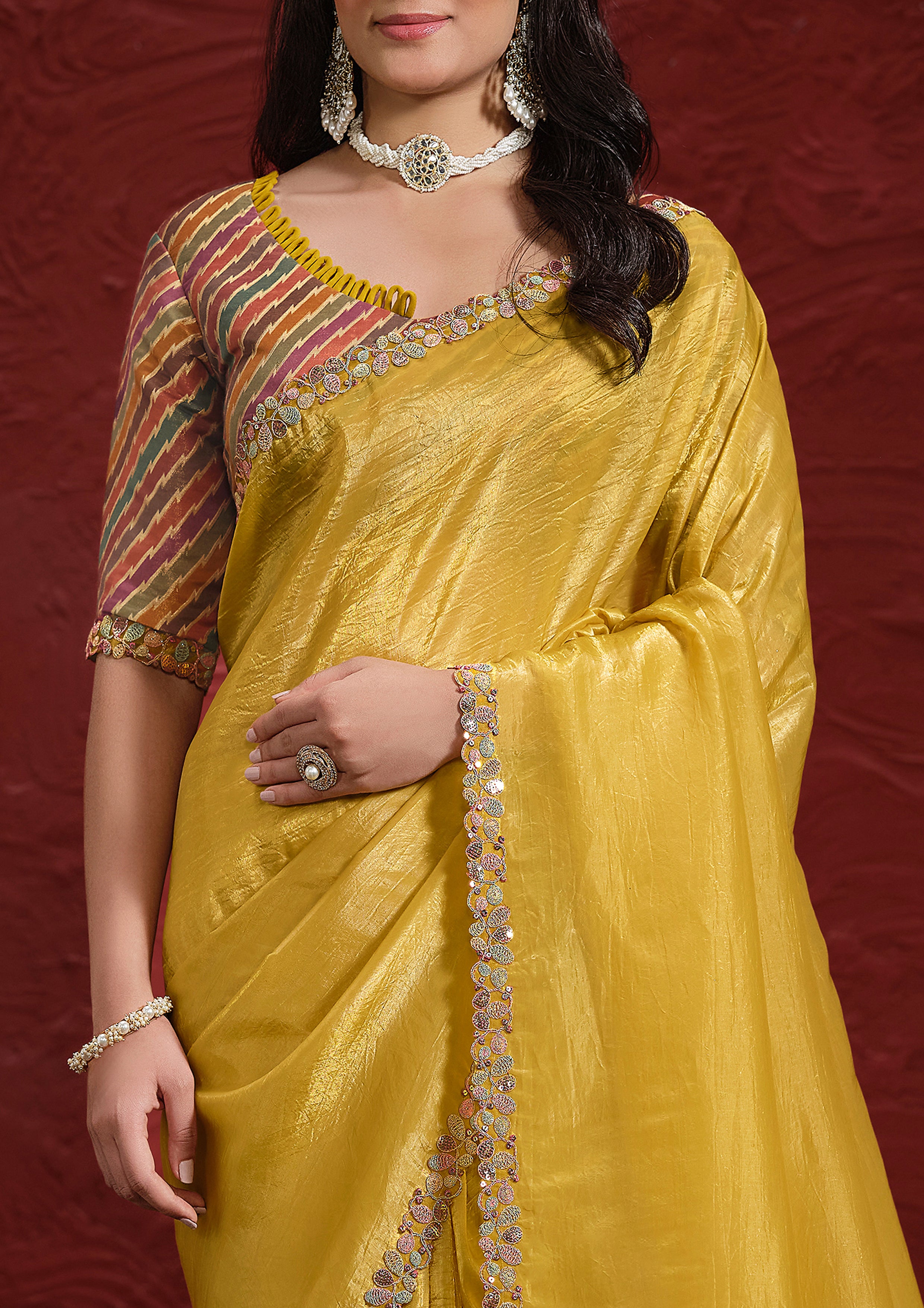 Mustard Yellow Embroidered Paper Silk Saree