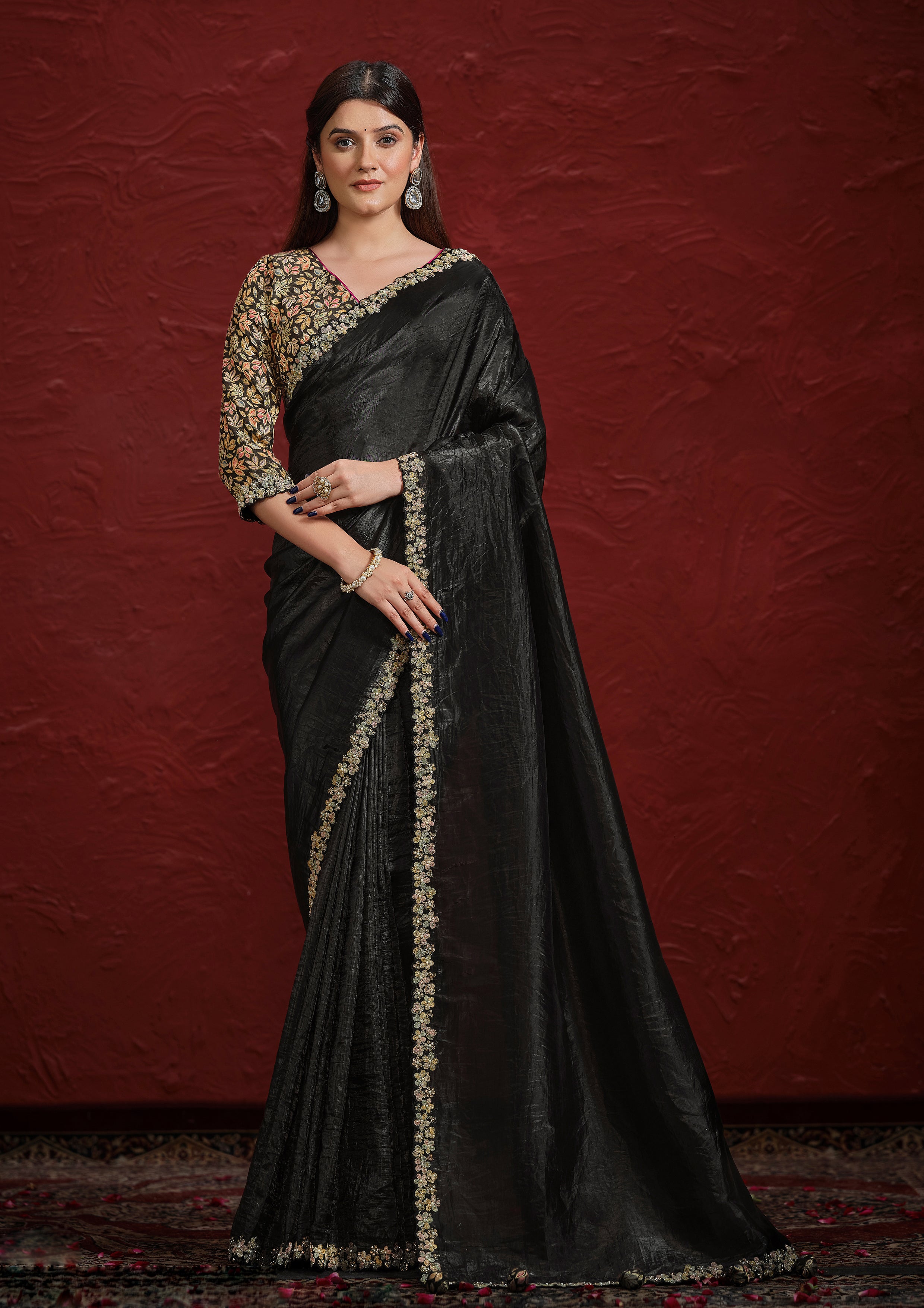 Obsidian Black Embroidered Paper Silk Saree