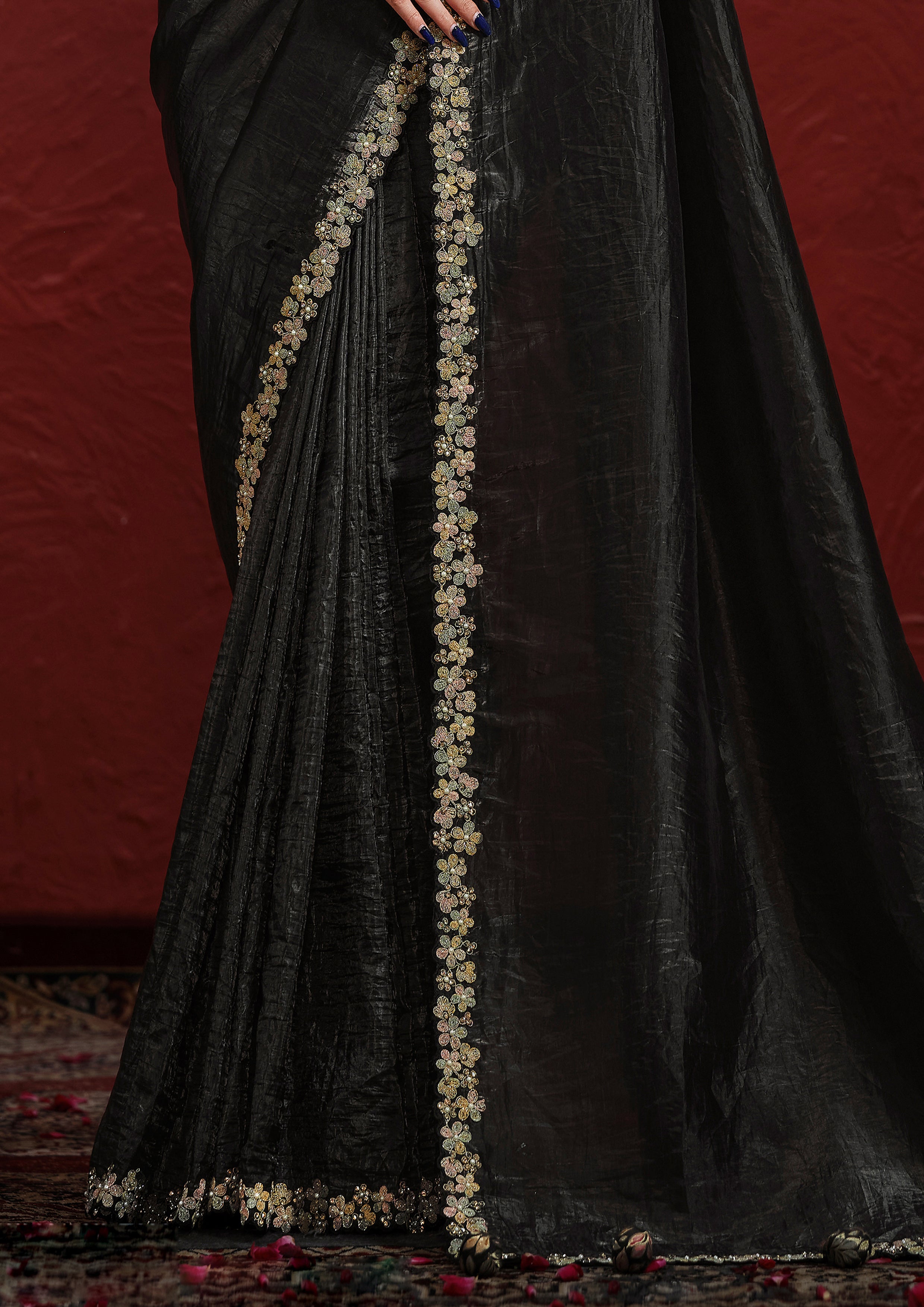 Obsidian Black Embroidered Paper Silk Saree
