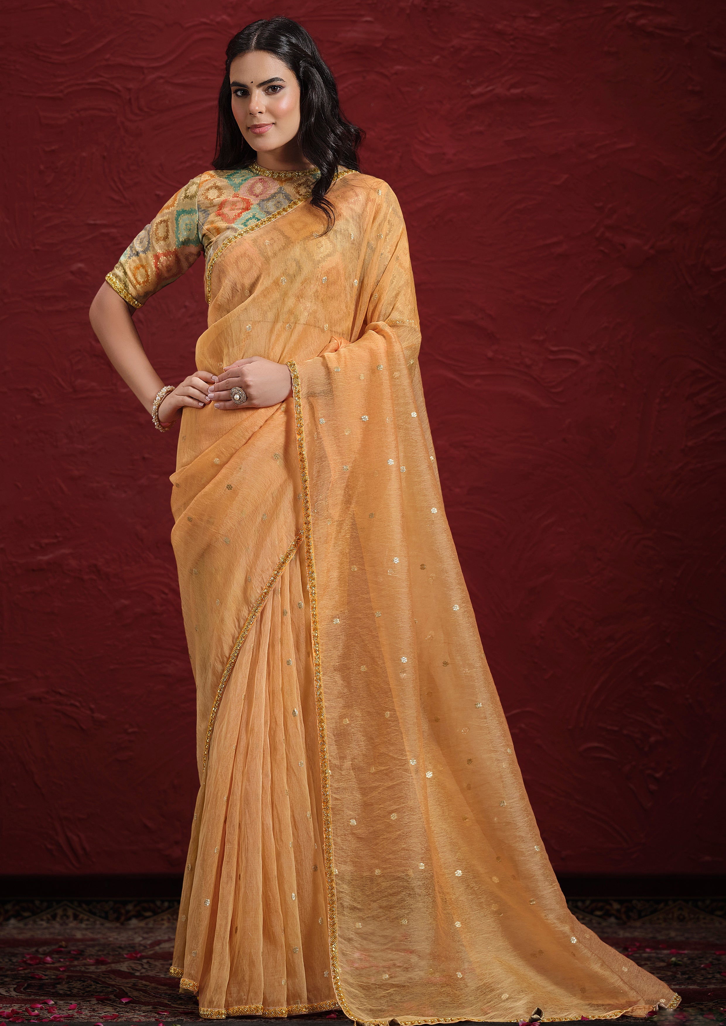 Peach Orange Embellished Jacquard Tussar Silk Saree