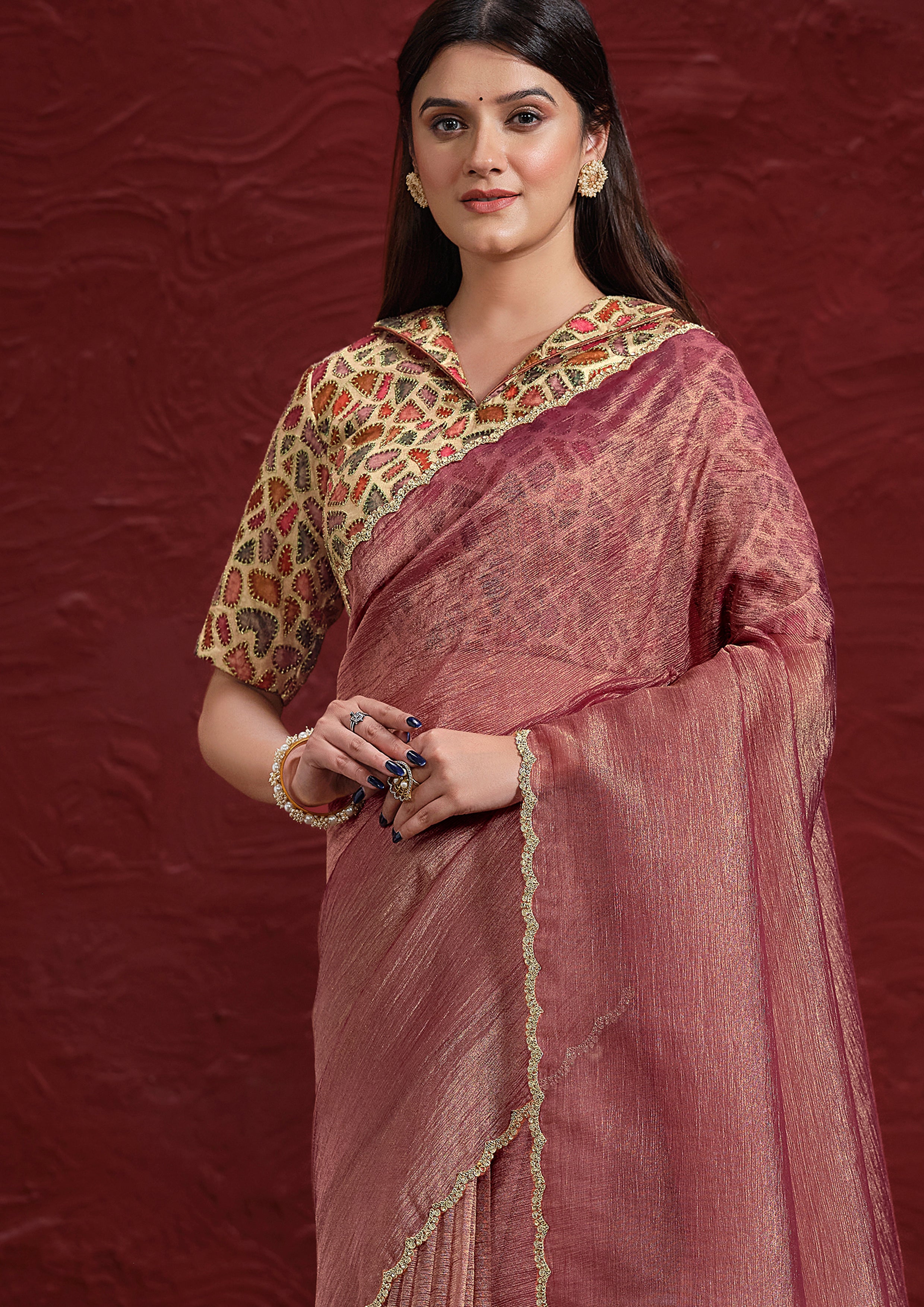 Dusty Rose Embellished Tissue Silk Saree