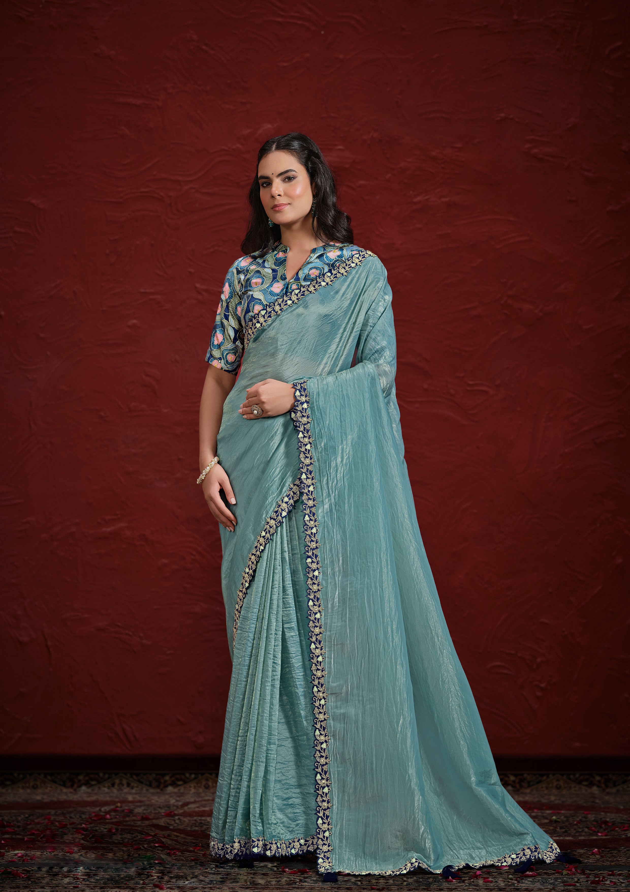 Sea Blue Embellished Paper Silk Saree