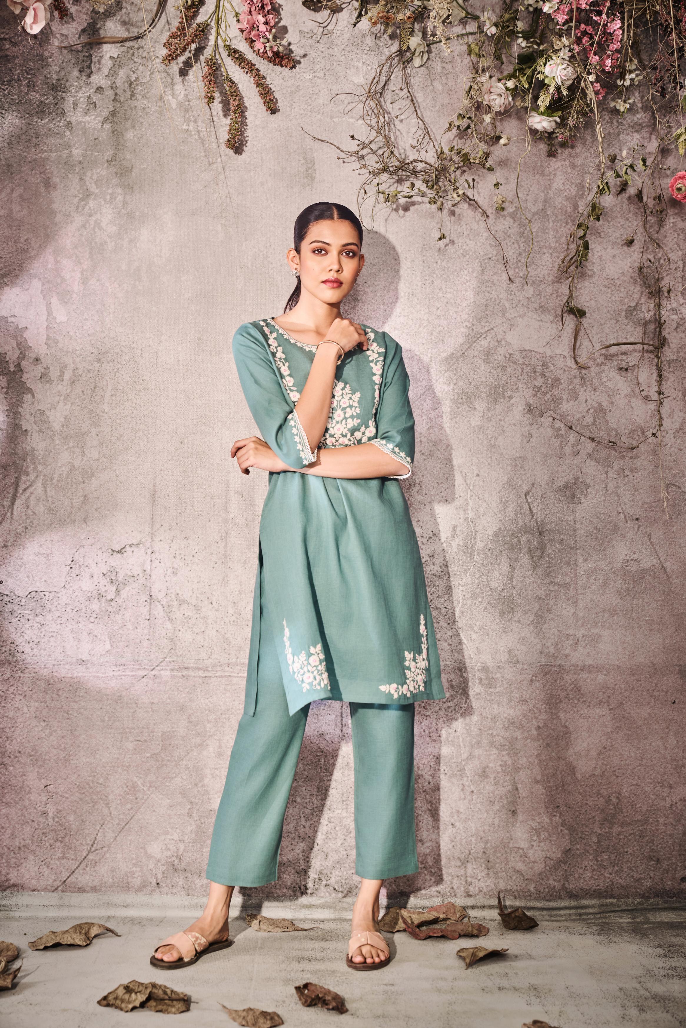 Blizzard Blue Summer Breeze Linen Kurta Set