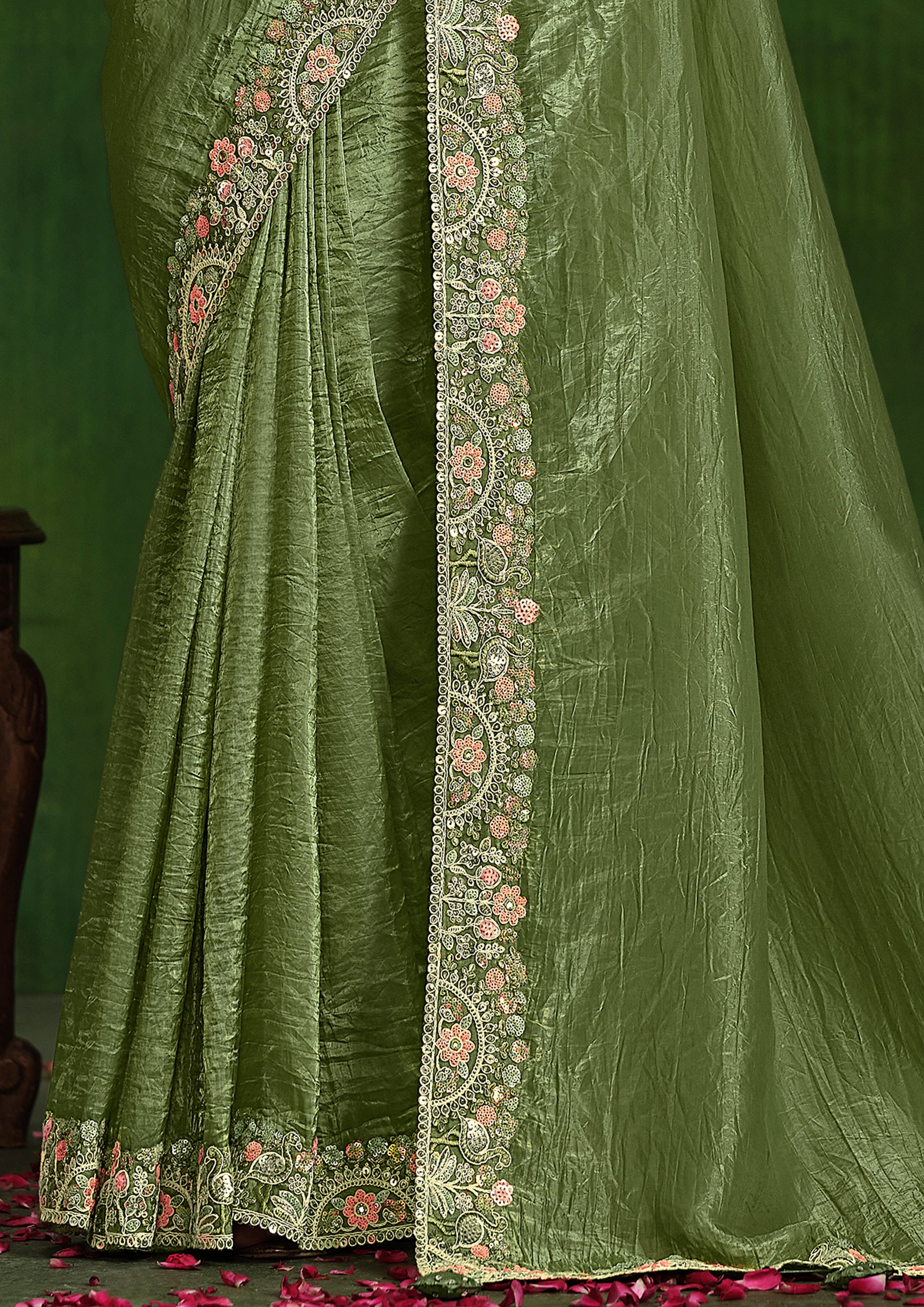 Fern Green Embellished Crushed Paper Silk Saree