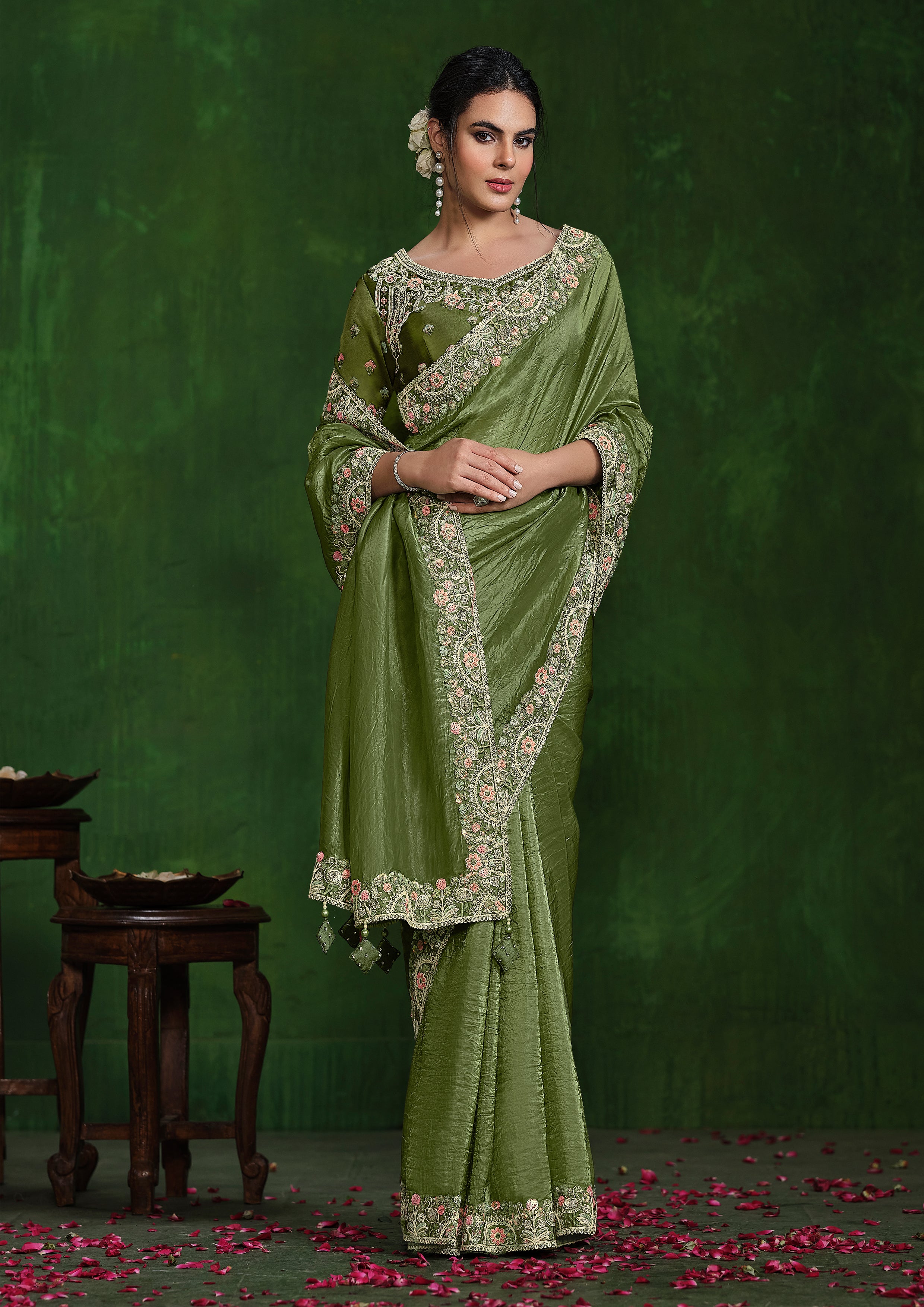 Fern Green Embellished Crushed Paper Silk Saree