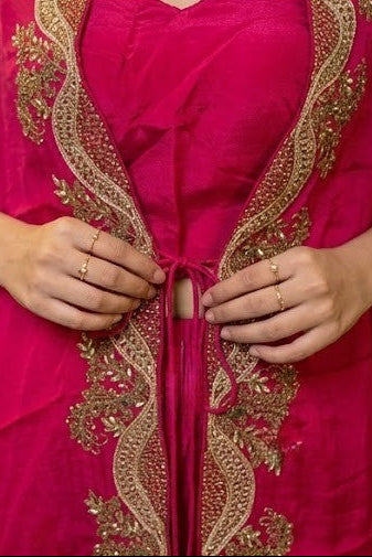 Hot Pink Embellished Crepe Silk Palazzo Set