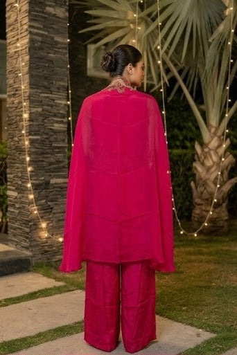 Hot Pink Embellished Crepe Silk Palazzo Set