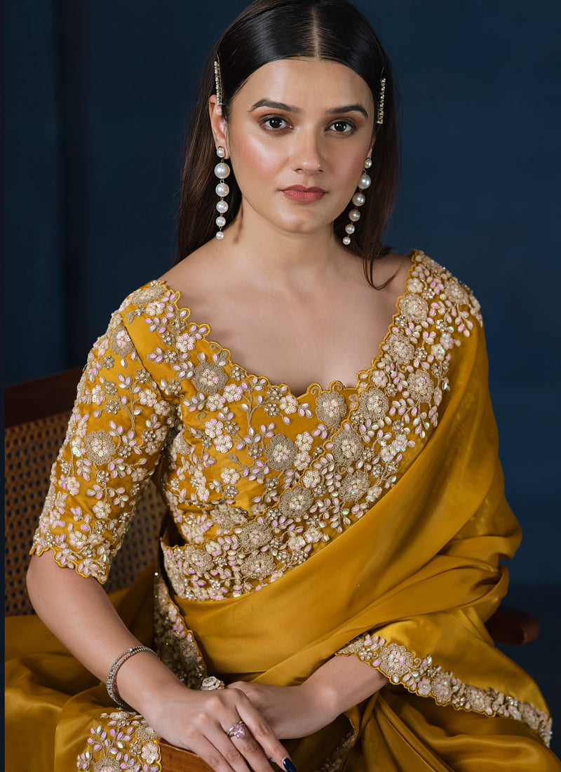 Mustard Yellow Embellished Crepe Satin Silk Saree