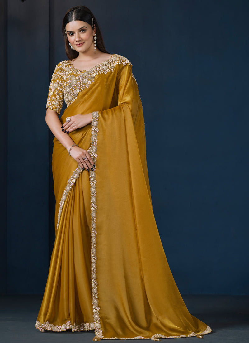 Mustard Yellow Embellished Crepe Satin Silk Saree