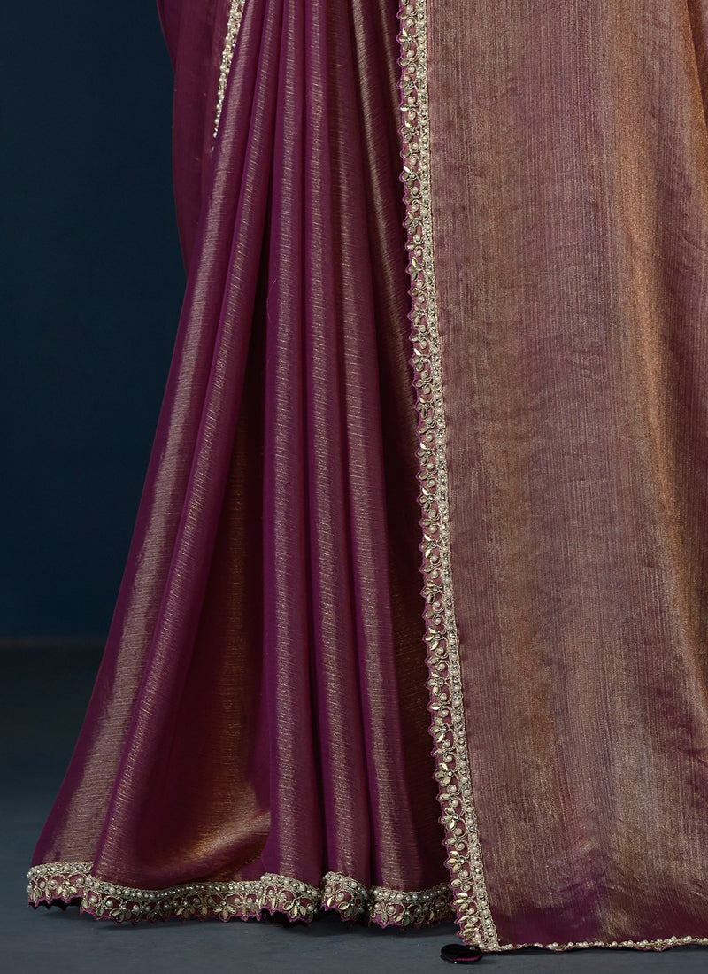 Rose Gold Embellished Crepe Satin Silk Saree