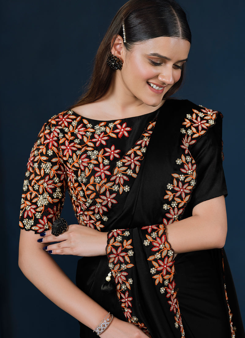 Noir Black Embroidered Crepe Satin Silk Saree