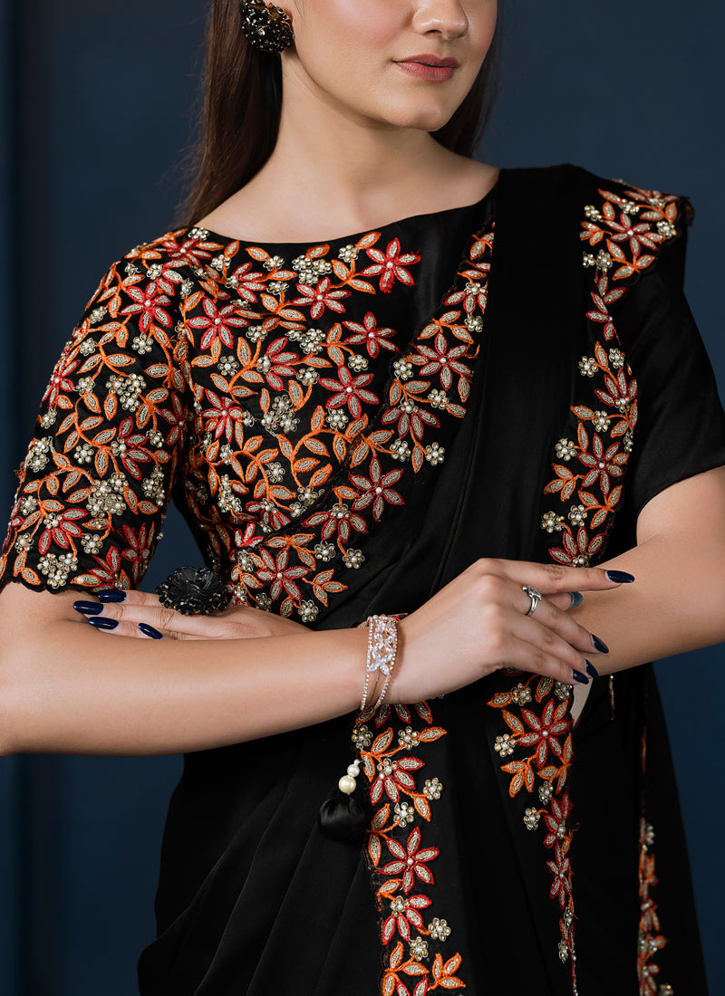 Noir Black Embroidered Crepe Satin Silk Saree
