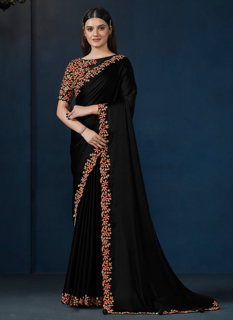 Noir Black Embroidered Crepe Satin Silk Saree