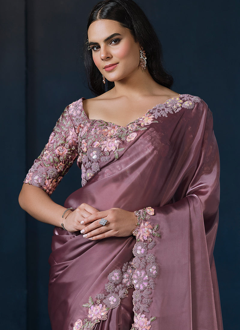 Rose Mauve Embellished Crepe Satin Silk Saree