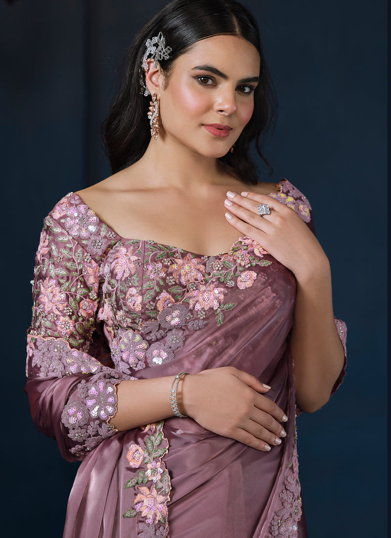 Rose Mauve Embellished Crepe Satin Silk Saree