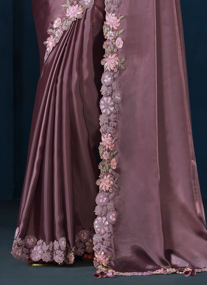 Rose Mauve Embellished Crepe Satin Silk Saree