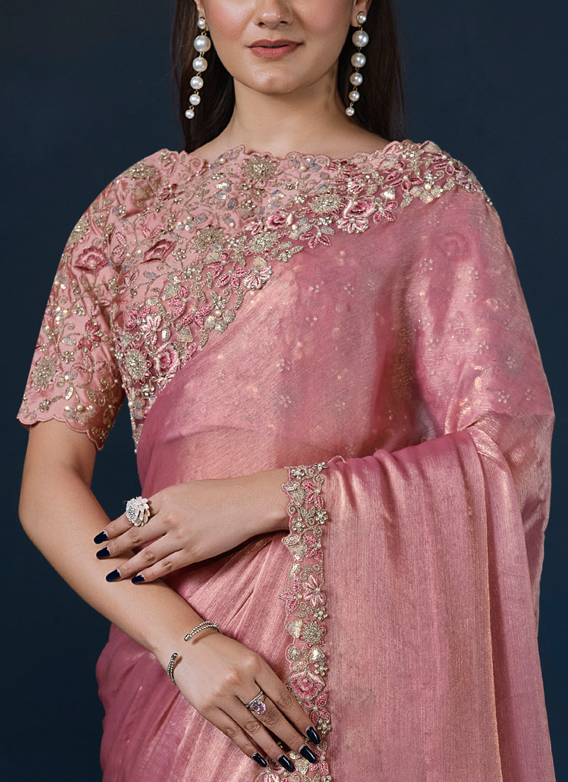Blush Pink Embellished Shimmer Chiffon Silk Saree