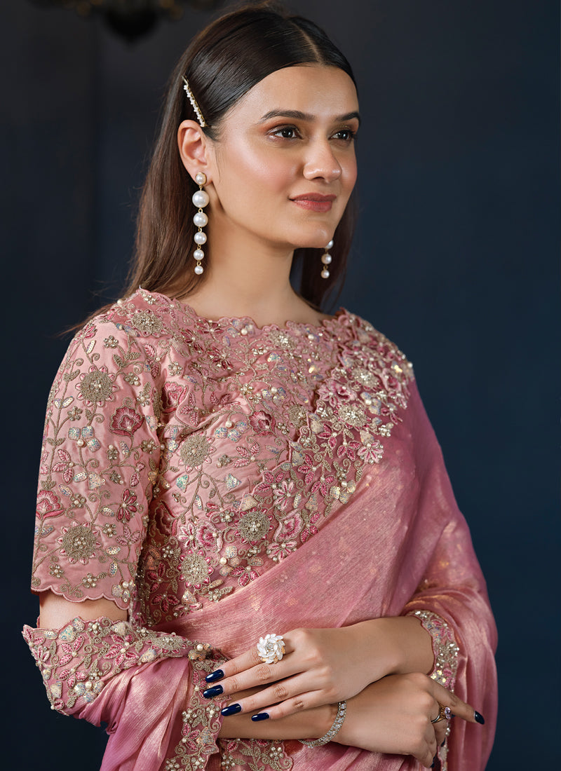 Blush Pink Embellished Shimmer Chiffon Silk Saree