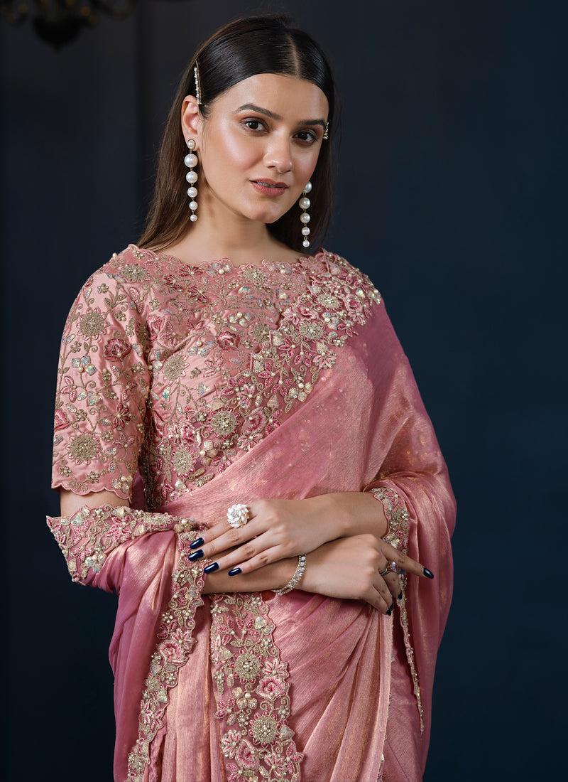 Blush Pink Embellished Shimmer Chiffon Silk Saree