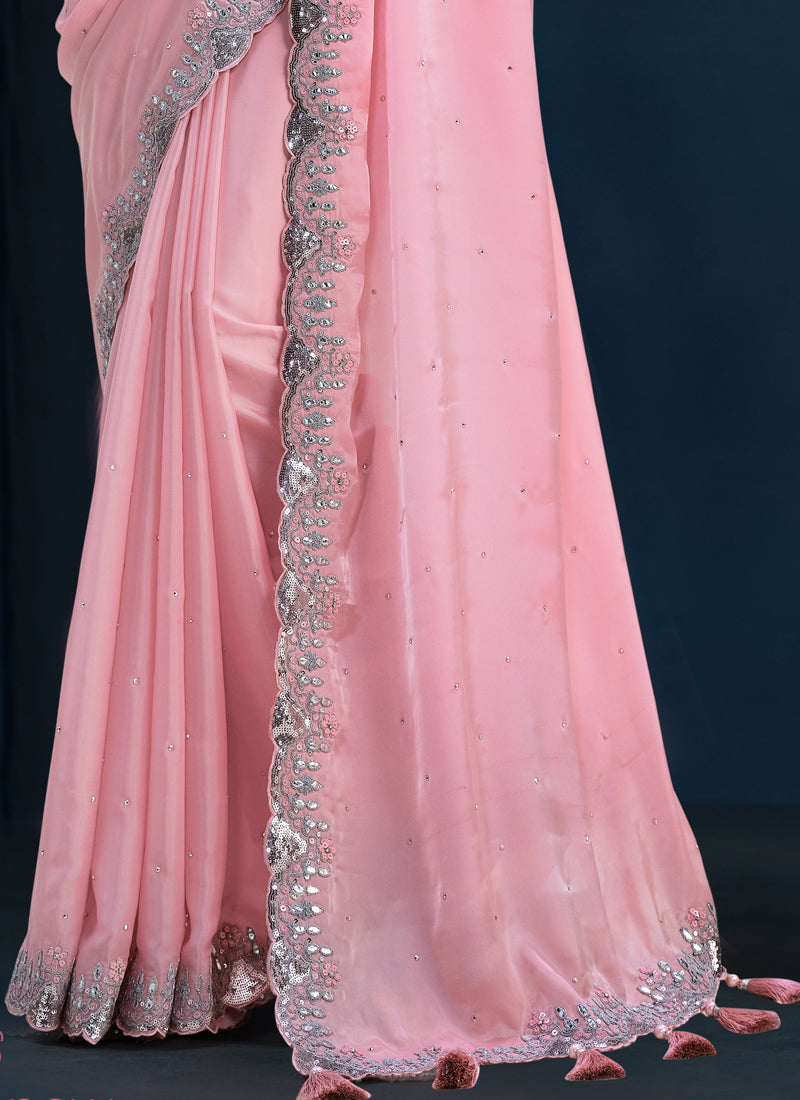 Baby Pink Embellished Crepe Satin Silk Saree