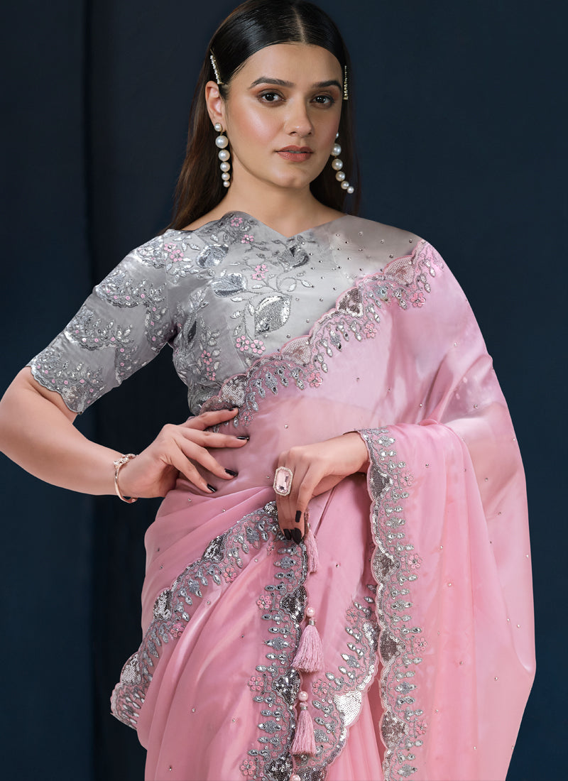 Baby Pink Embellished Crepe Satin Silk Saree