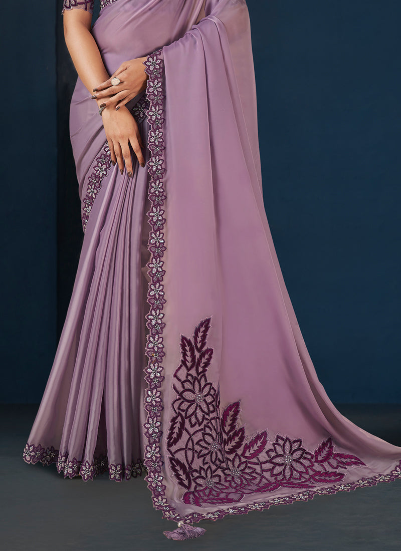 Lilac Embellished Crepe Satin Silk Saree