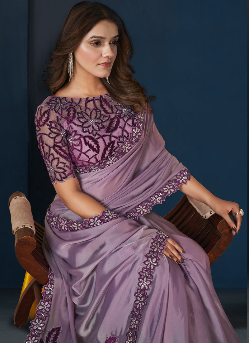 Lilac Embellished Crepe Satin Silk Saree