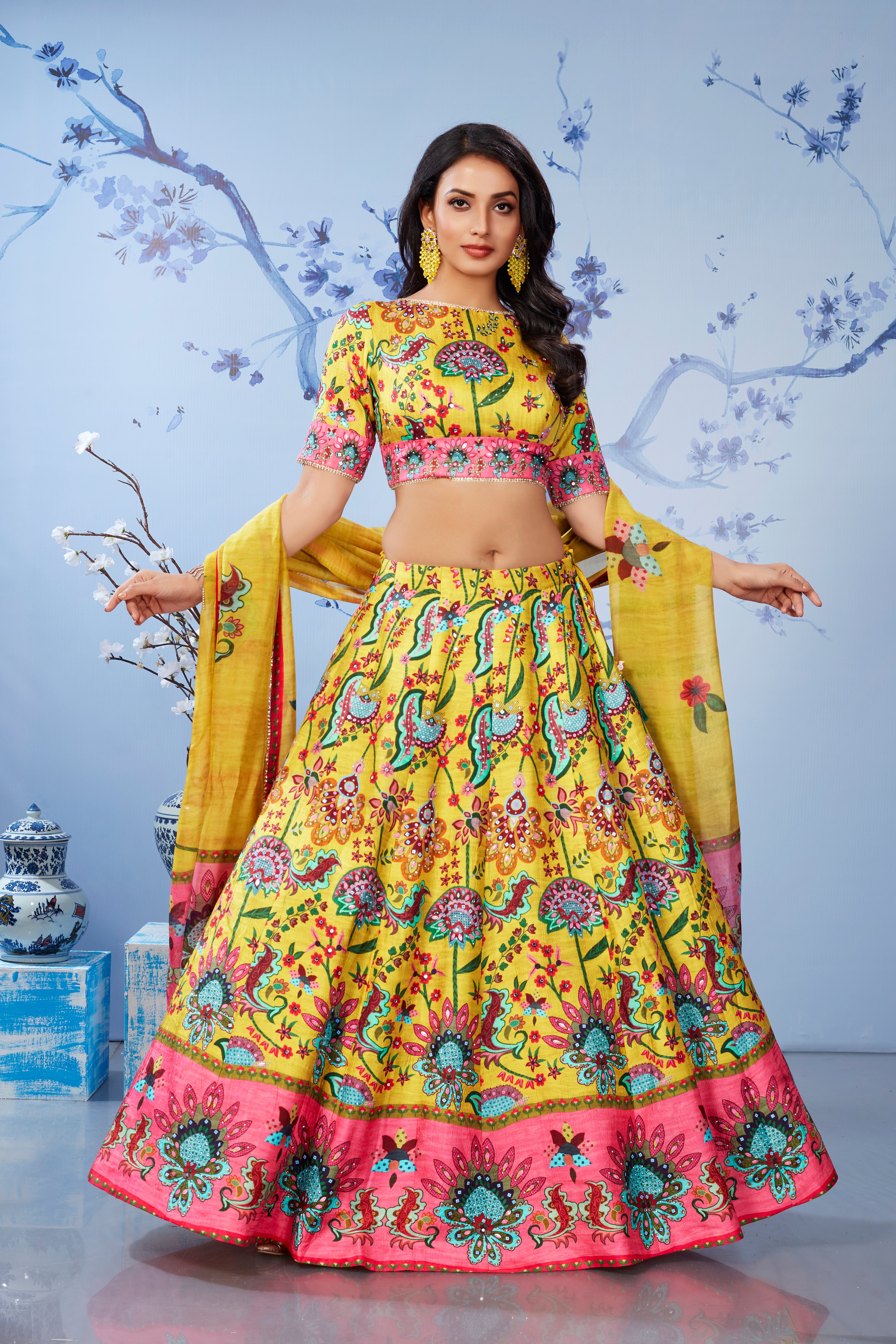 Yellow Floral Printed Premium Silk Lehenga Set