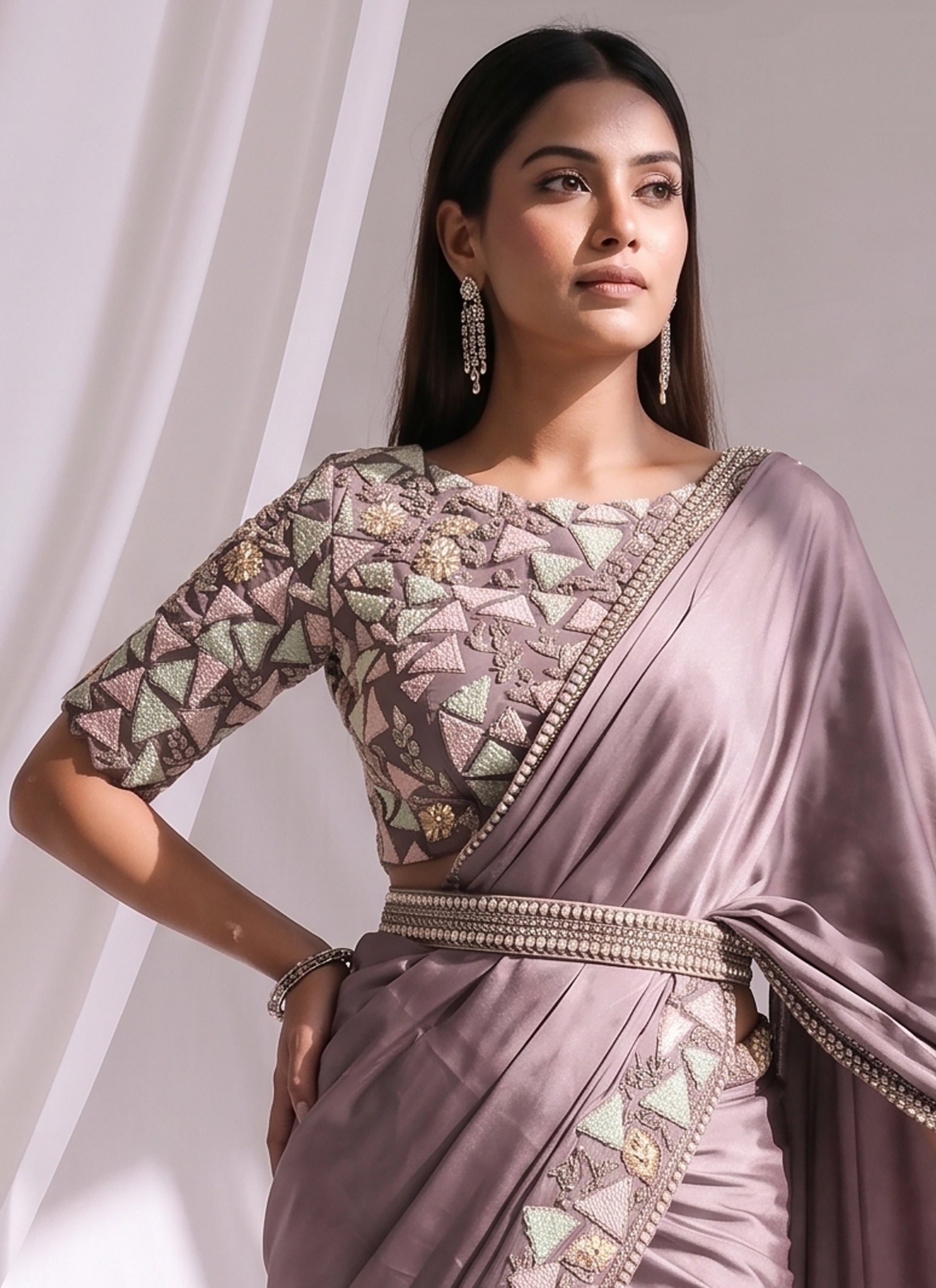 Mauve Dust Embellished Satin Silk Saree