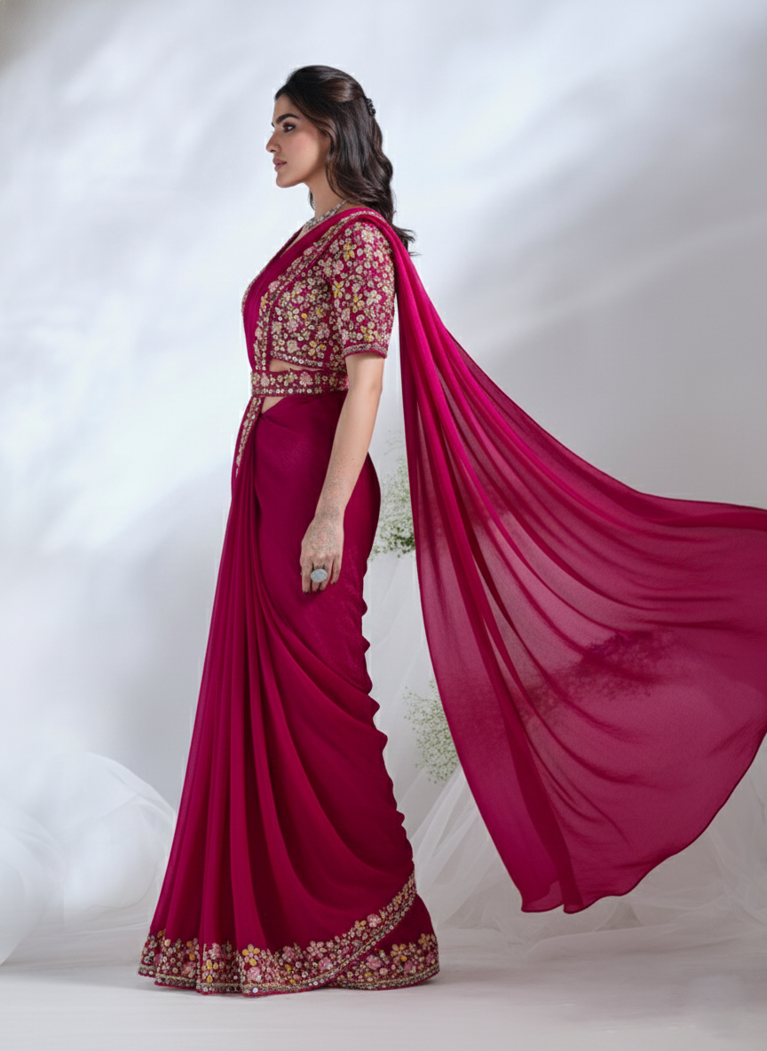 Deep Fuchsia Embellished Soft Organza Silk Saree