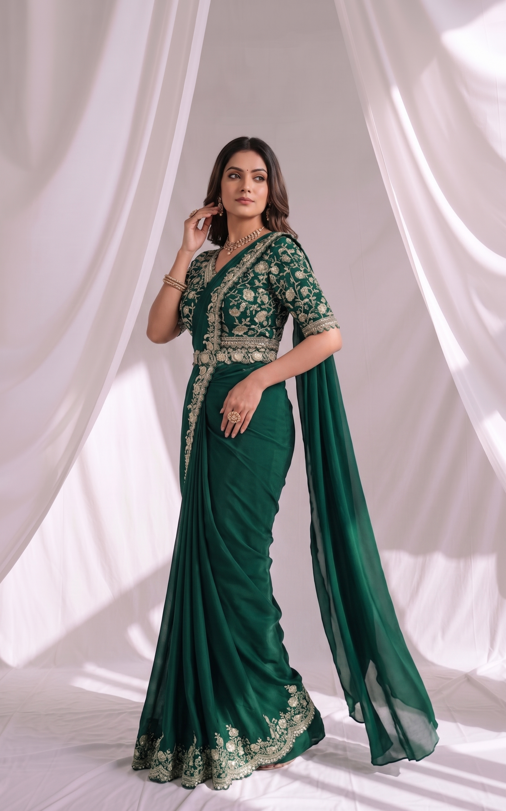 Ivy Green Embellished Satin Silk Saree