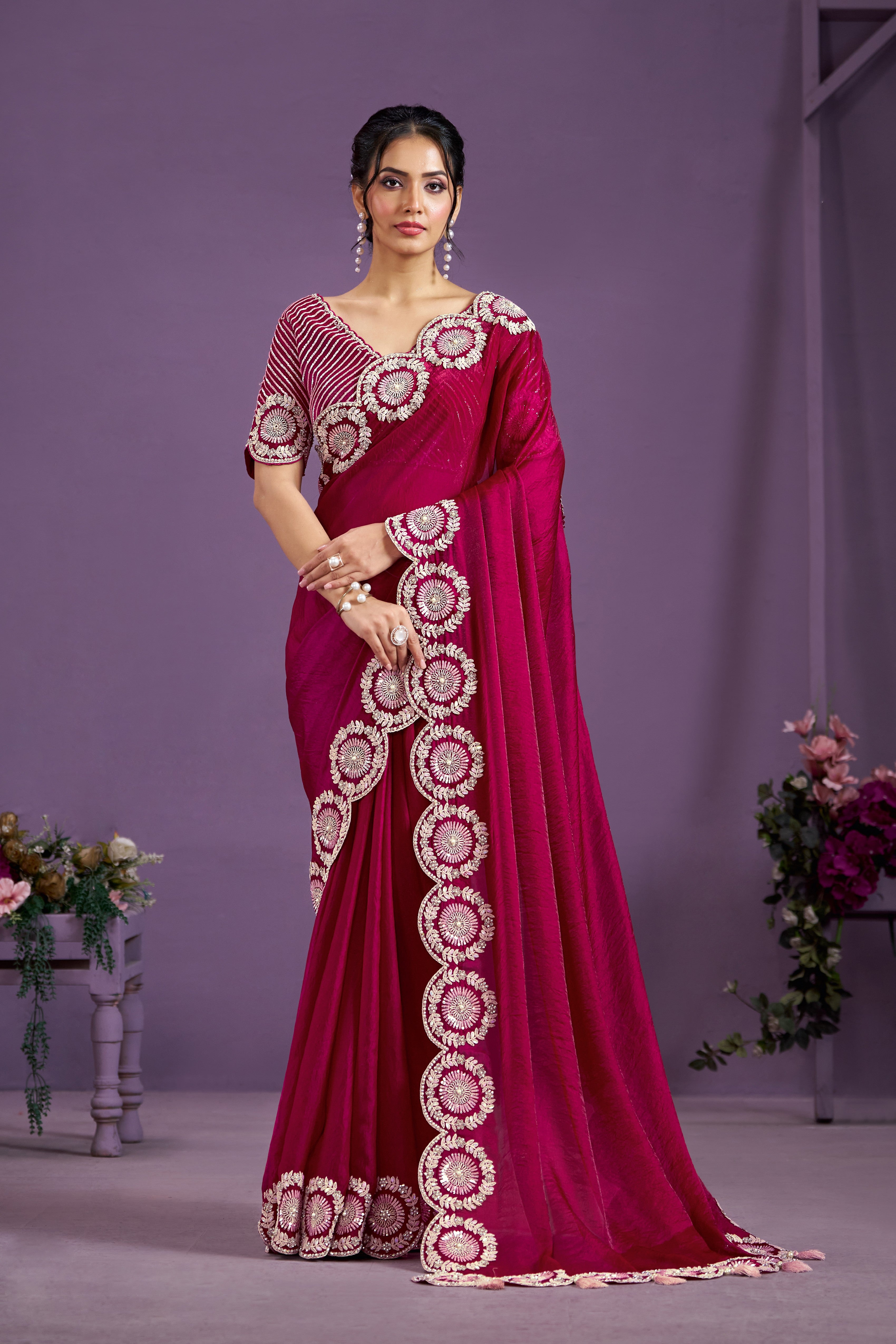 Rani Pink Embellished Satin Silk Saree