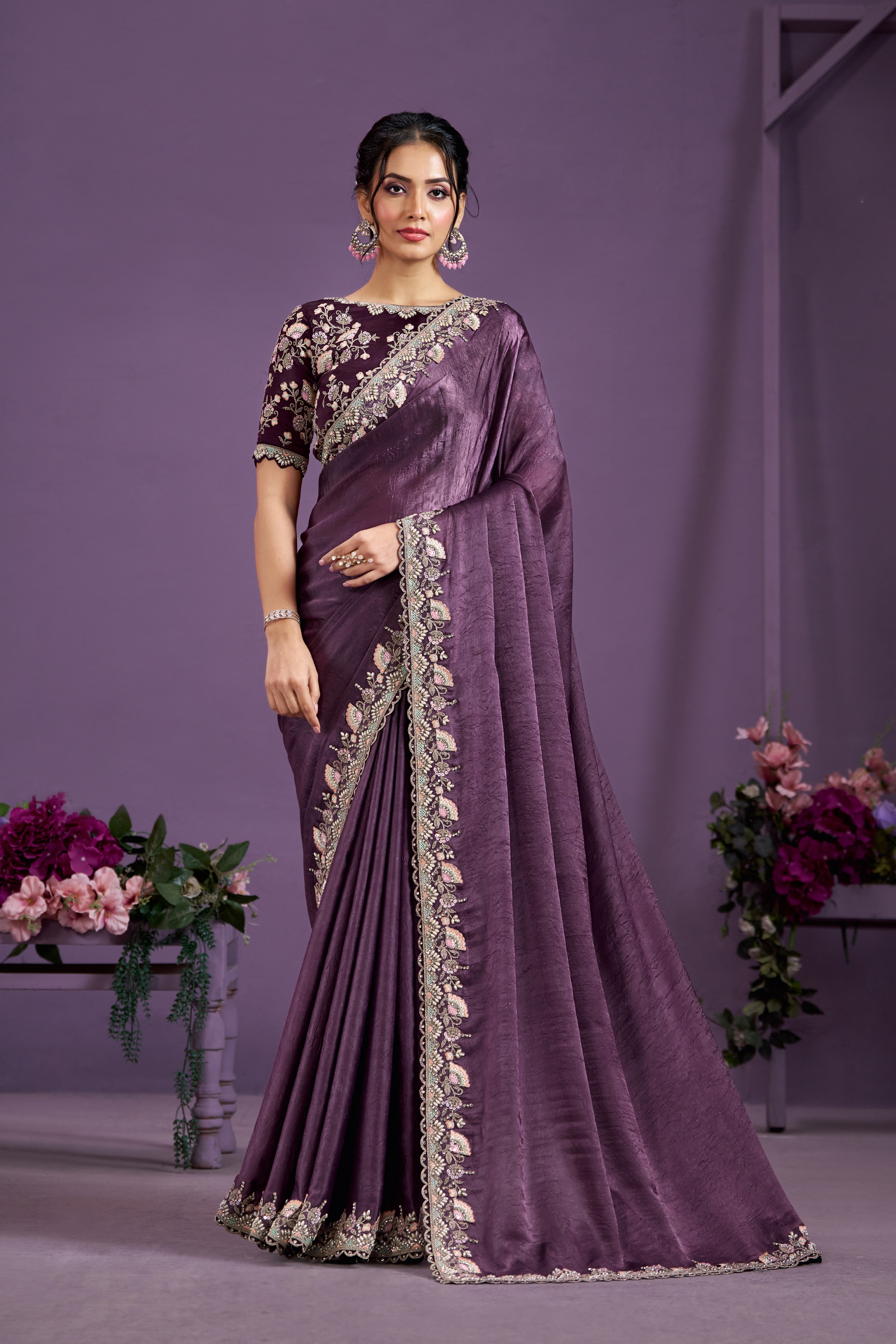 Purple Embellished Satin Silk Saree