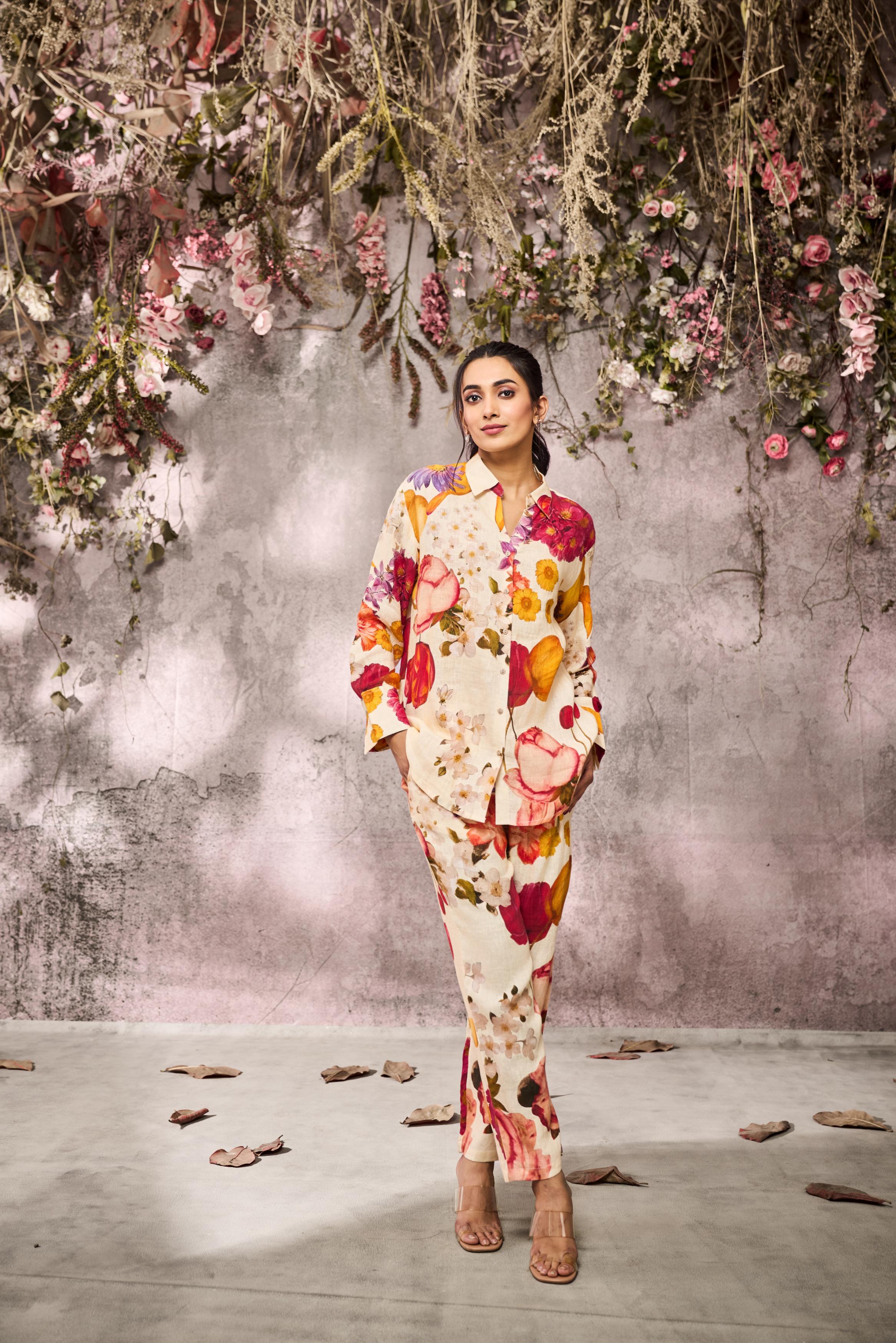Cream Multi Color Floral Printed Linen Silk Co-Ord Set