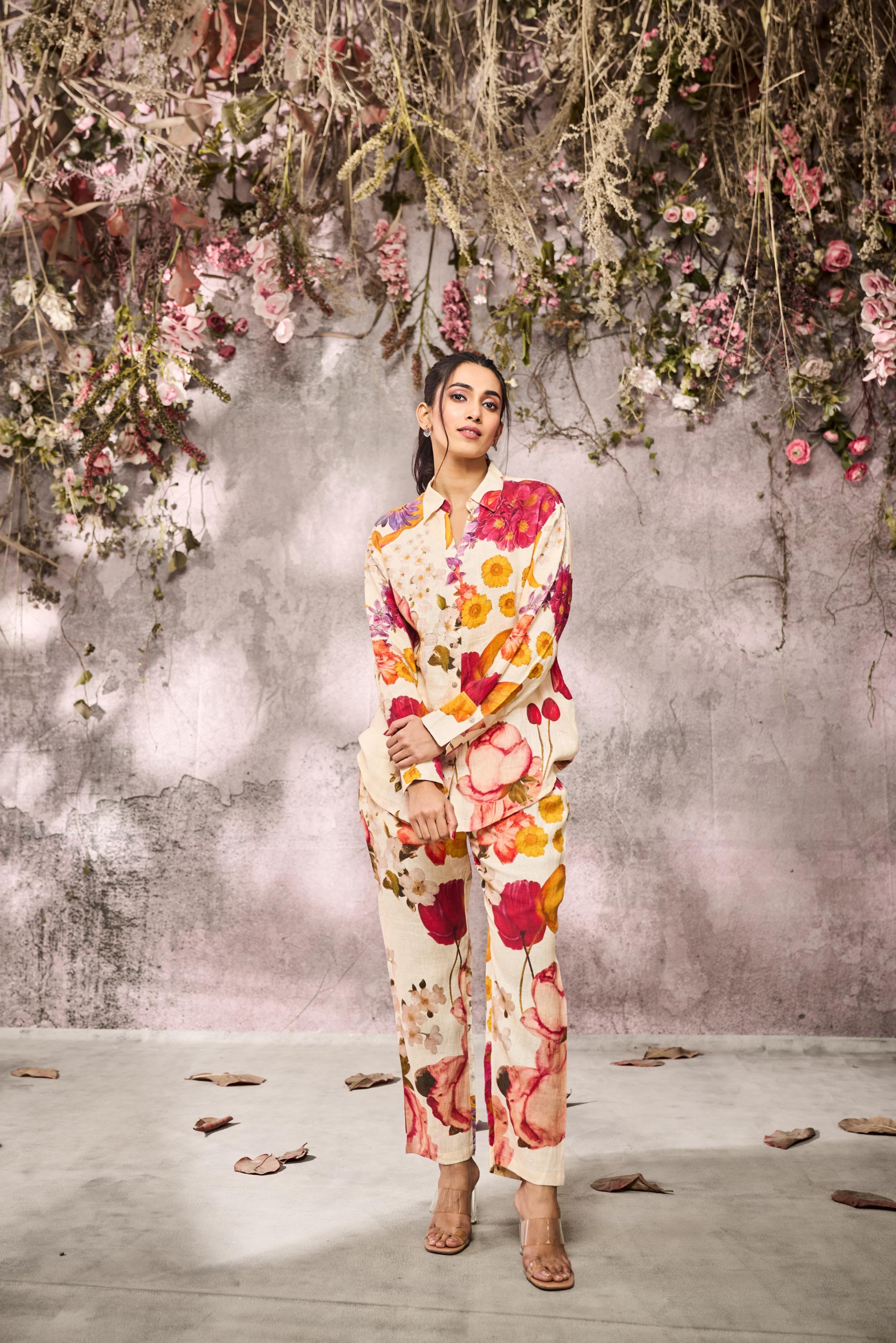 Cream Multi Color Floral Printed Linen Silk Co-Ord Set