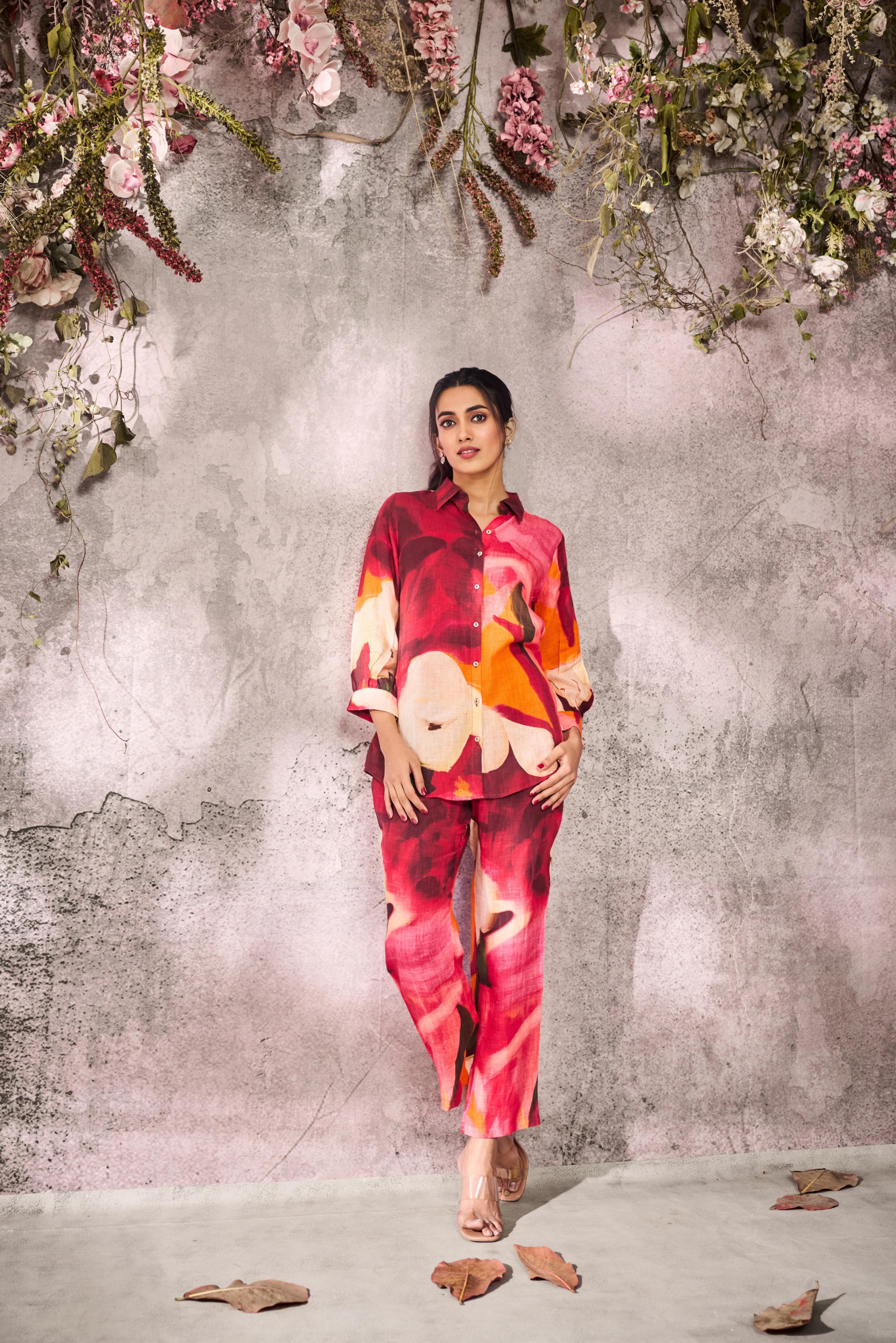 Pink Summer Floral Printed Linen Silk Co-Ord Set
