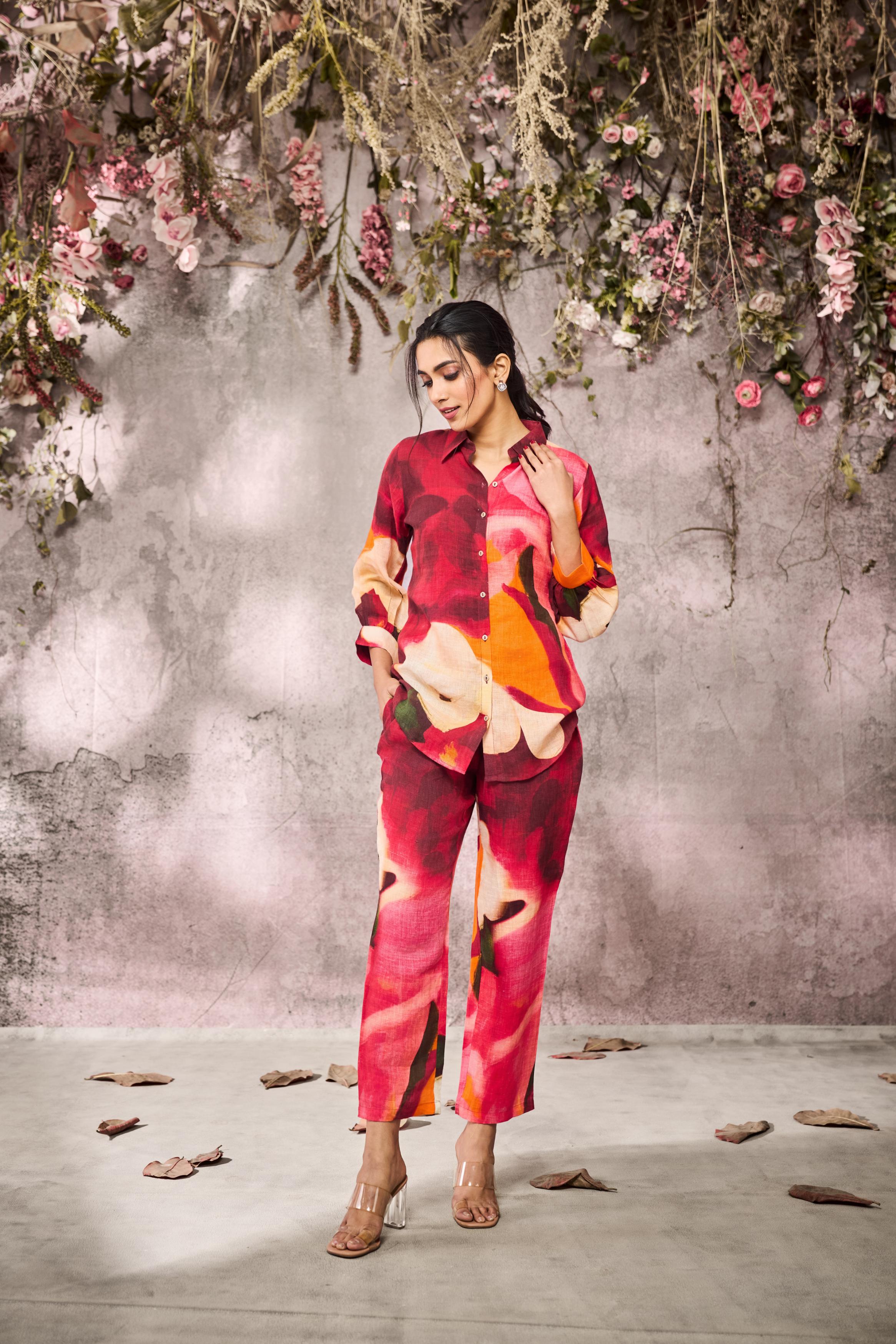 Pink Summer Floral Printed Linen Silk Co-Ord Set