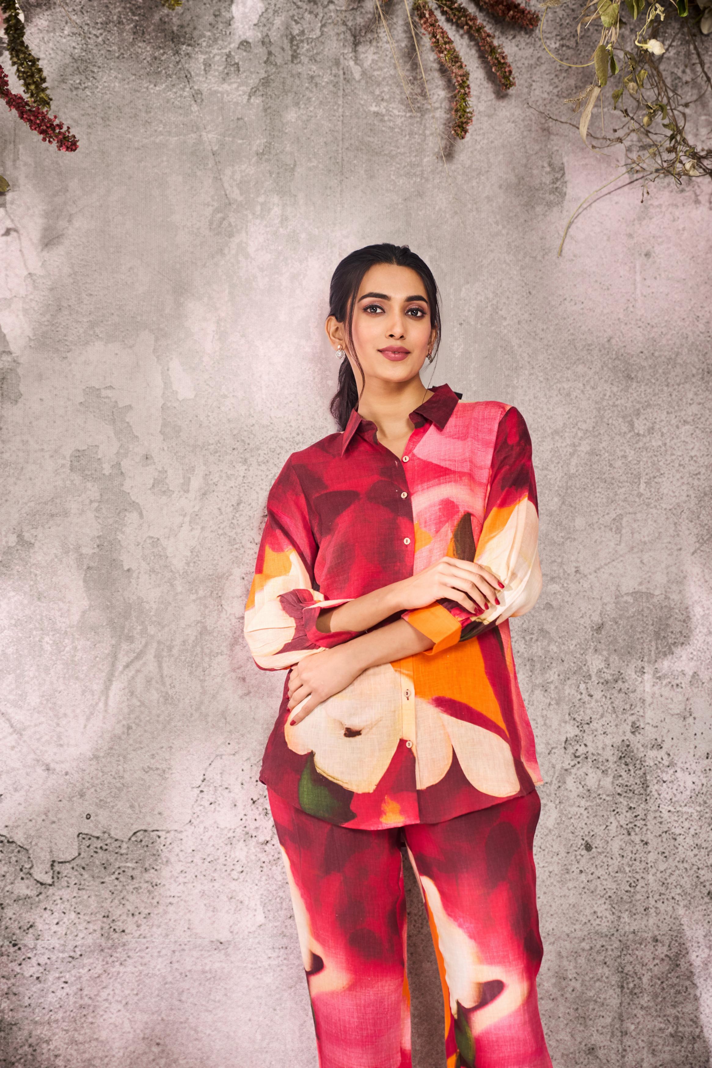 Pink Summer Floral Printed Linen Silk Co-Ord Set