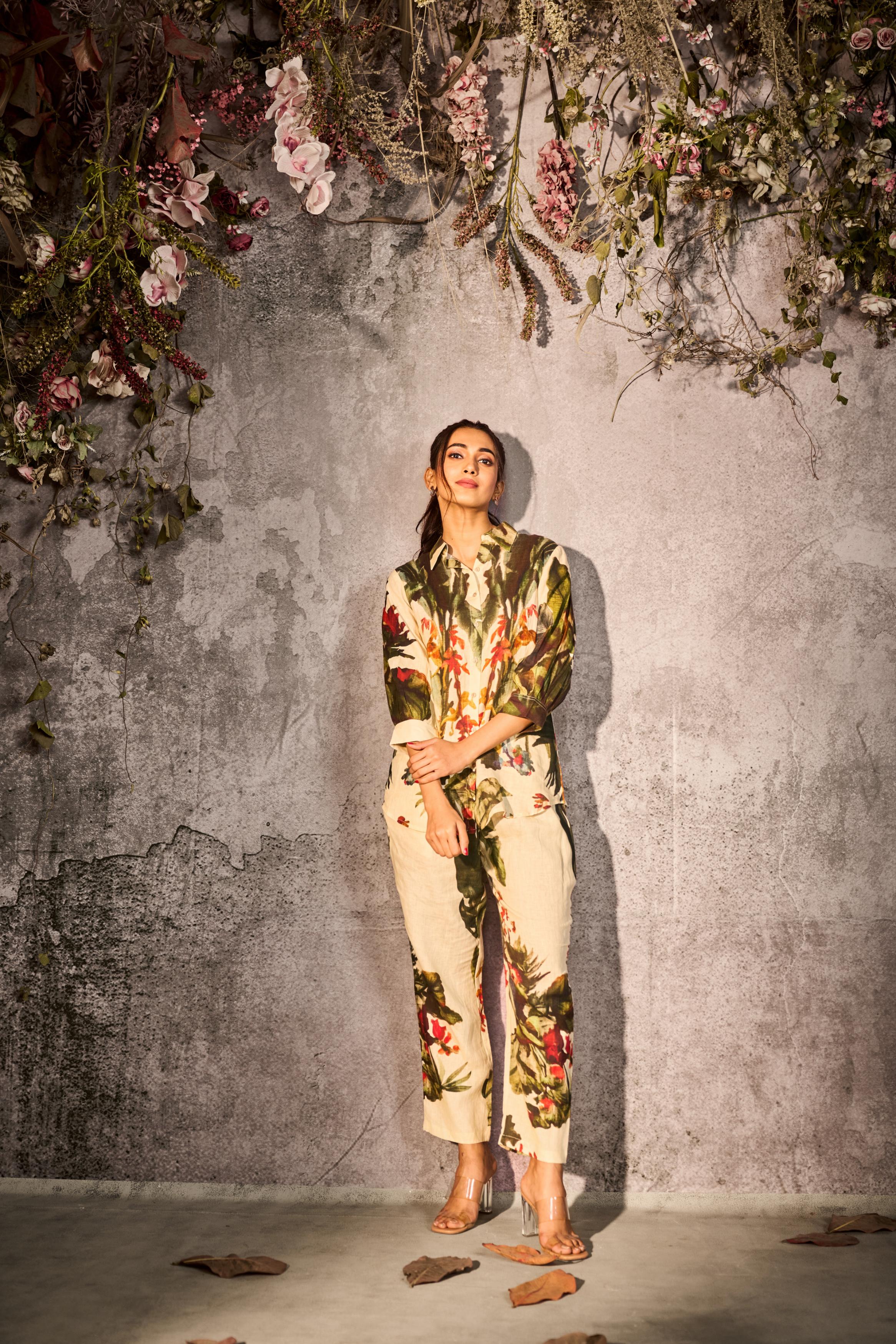Cream Floral Printed Linen Silk Co-Ord Set
