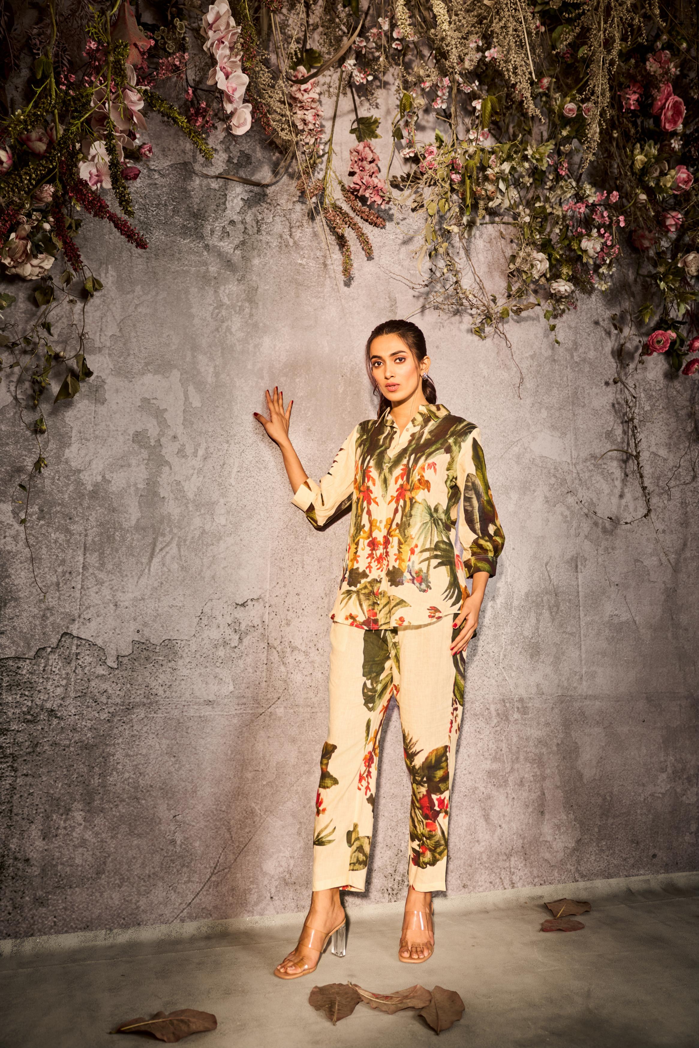 Cream Floral Printed Linen Silk Co-Ord Set
