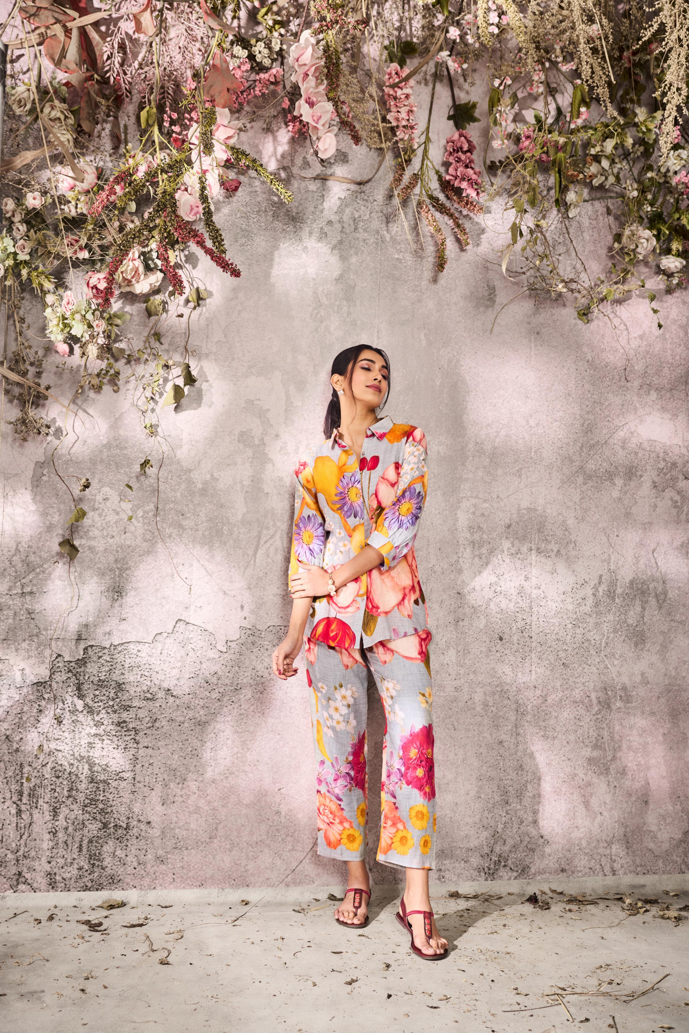 Multi Color Floral Printed Linen Silk Co-Ord Set
