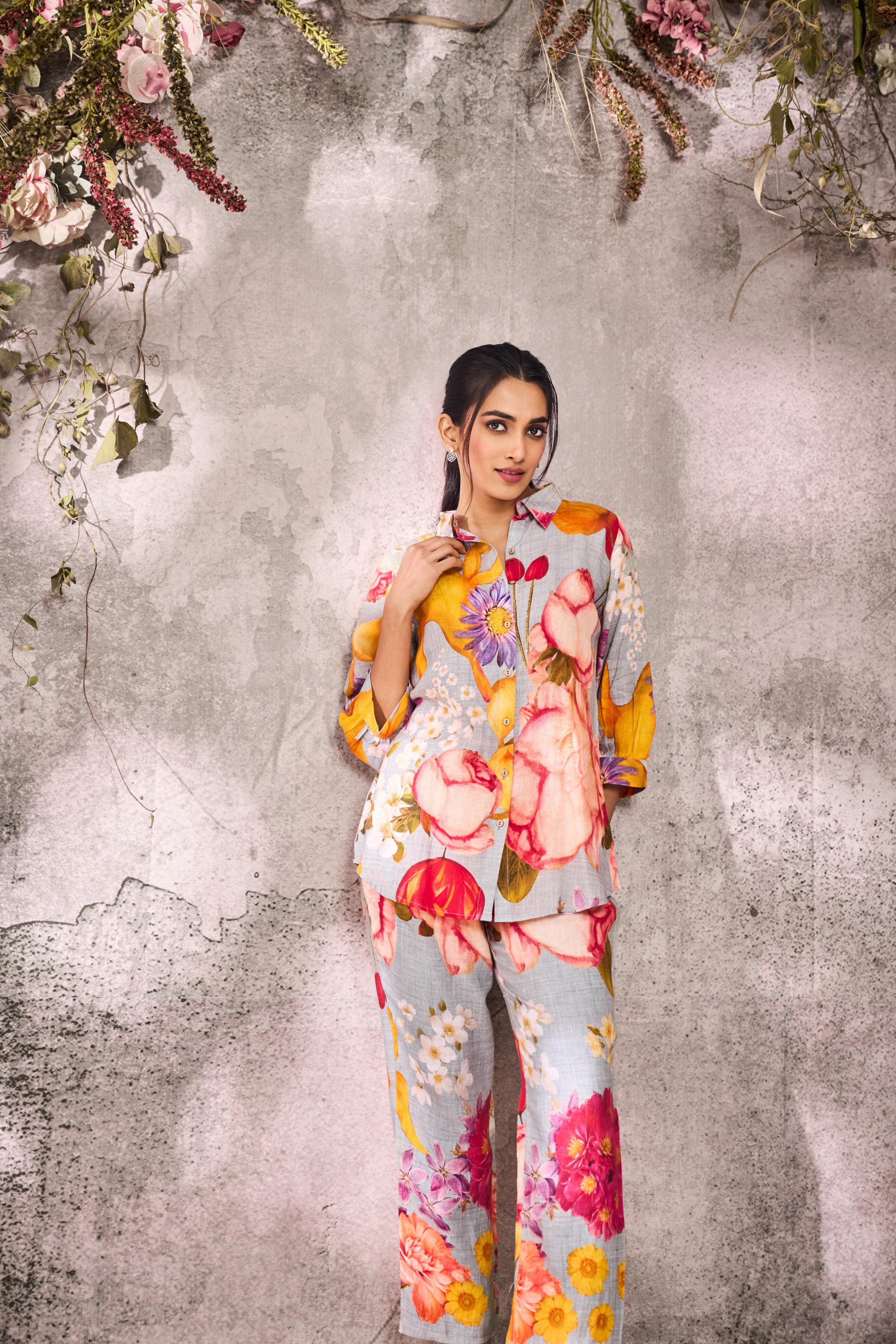 Multi Color Floral Printed Linen Silk Co-Ord Set