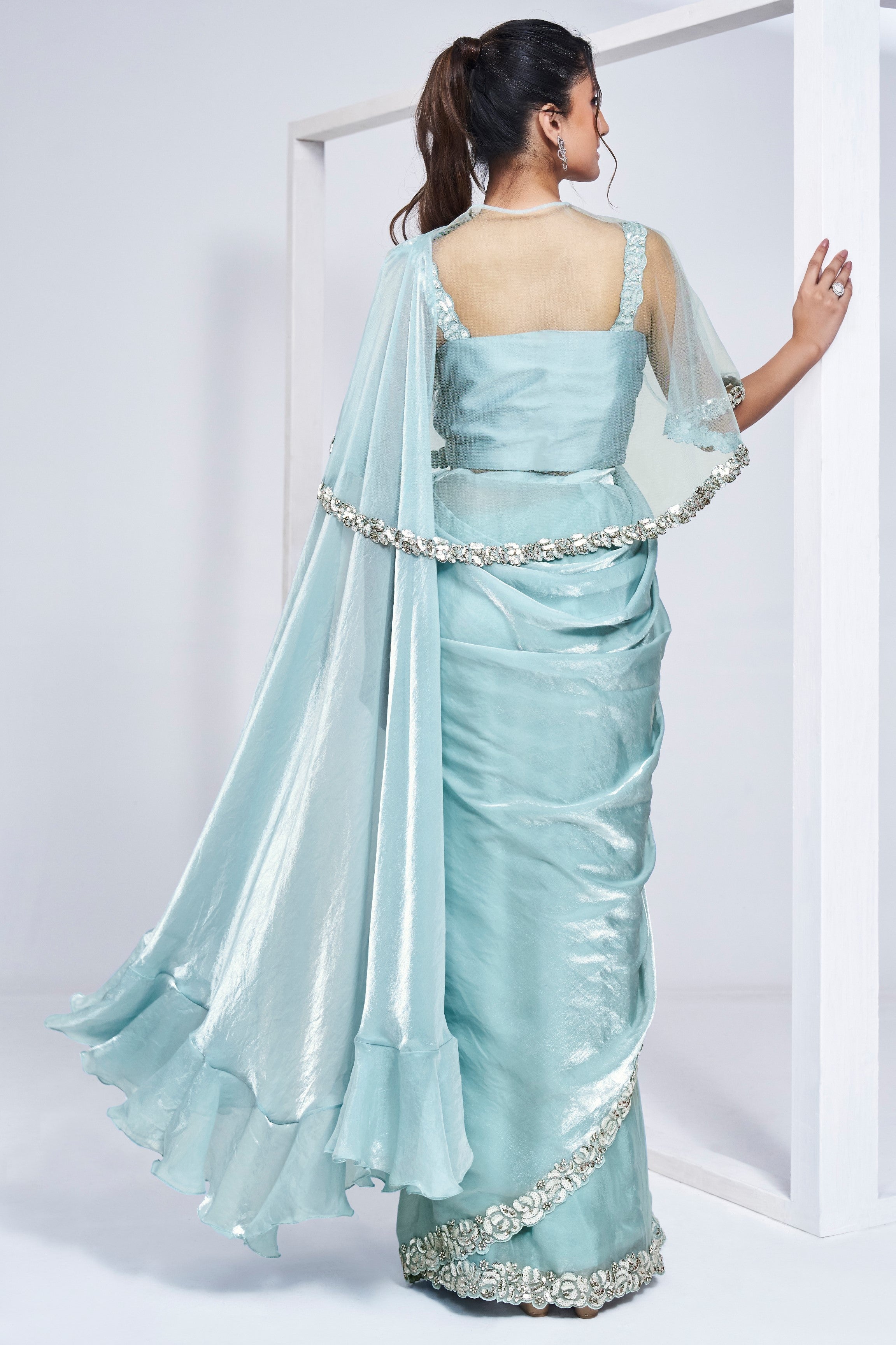 Aqua Blue Handwork Satin Silk Saree