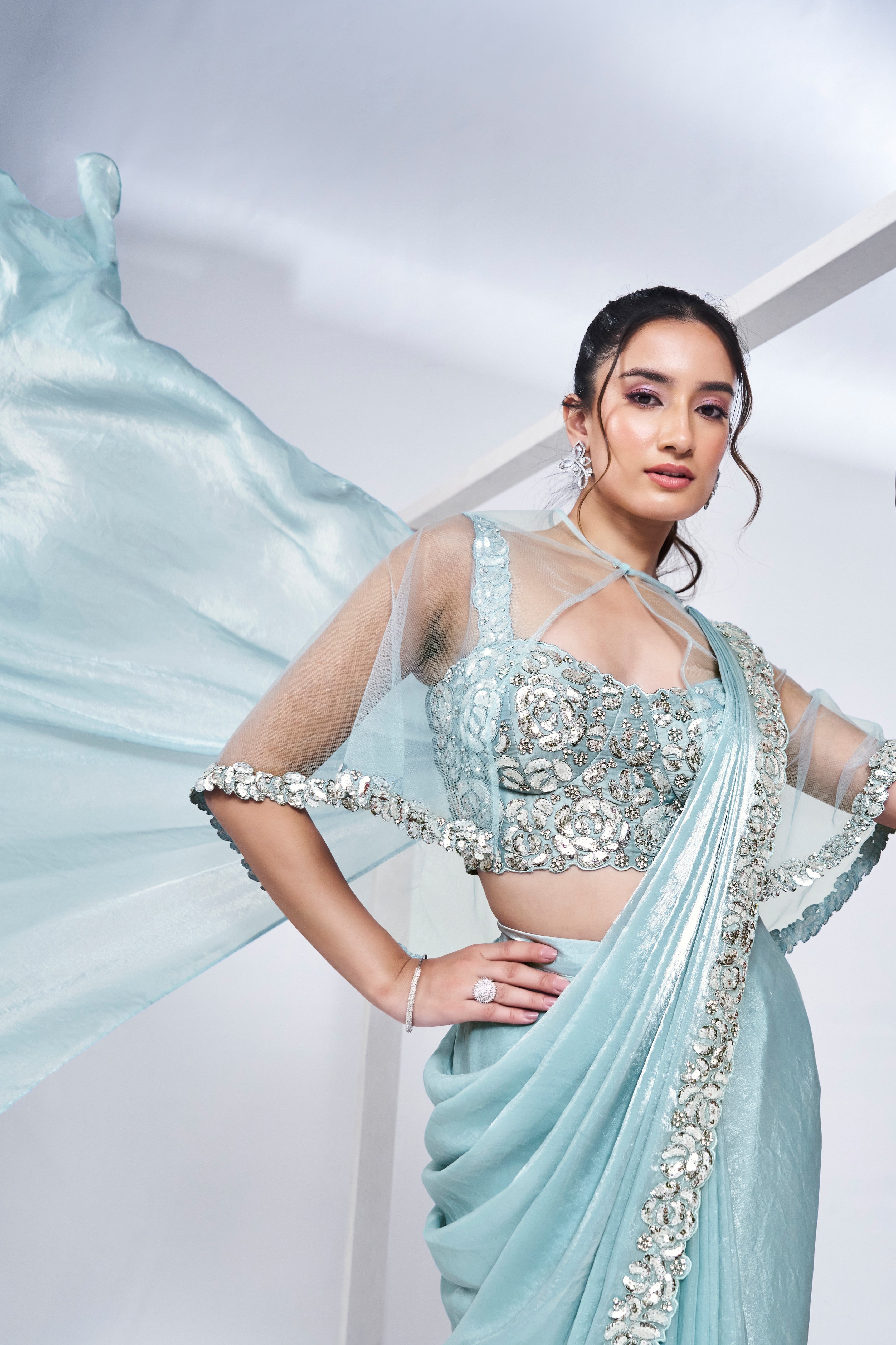 Aqua Blue Handwork Satin Silk Saree