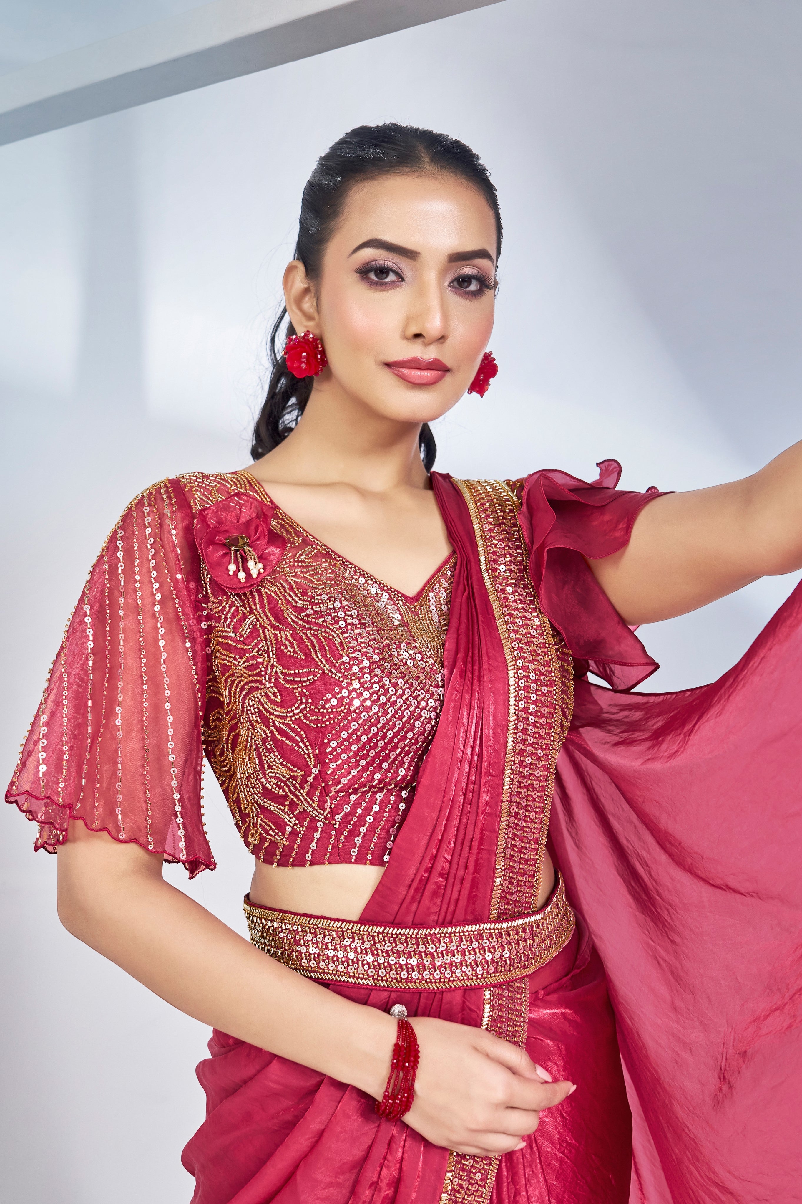 Red Handwork Satin Silk Saree